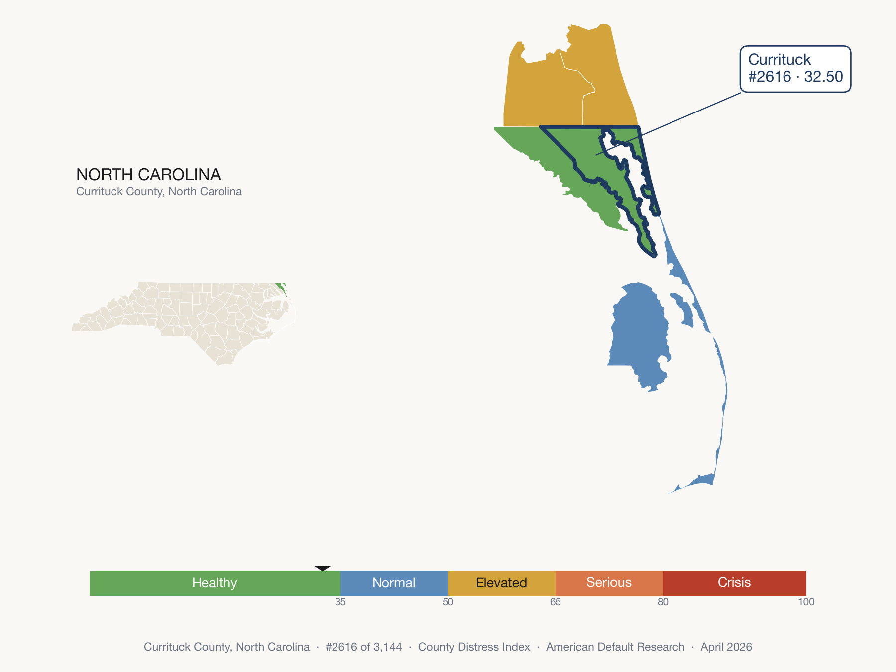 County Distress Index cluster map. Currituck County, North Carolina and its neighbors colored by distress fifth.