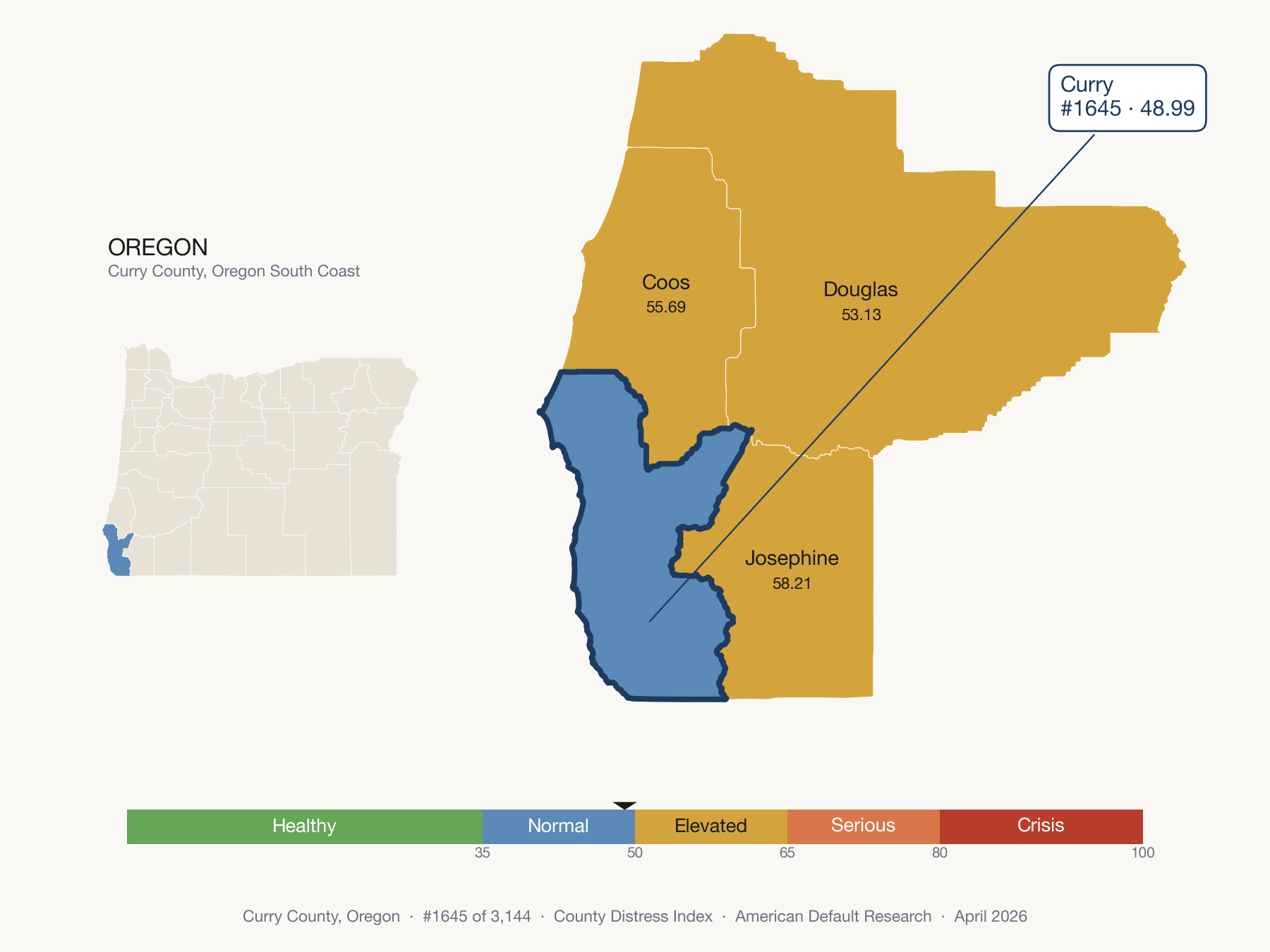 County Distress Index cluster map. Curry County, Oregon and its neighbors colored by distress fifth.