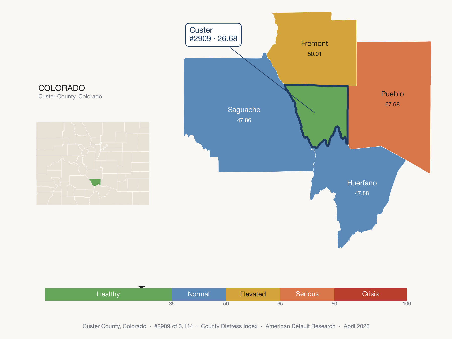County Distress Index cluster map. Custer County, Colorado and its neighbors colored by distress fifth.