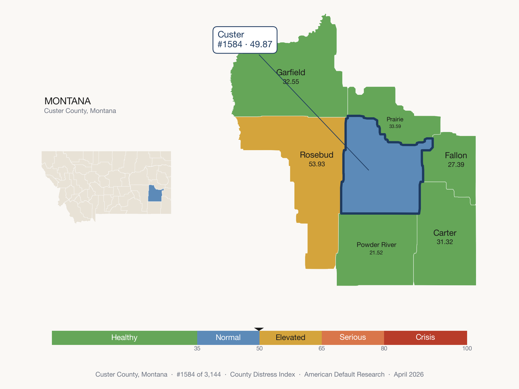 County Distress Index cluster map. Custer County, Montana and its neighbors colored by distress fifth.