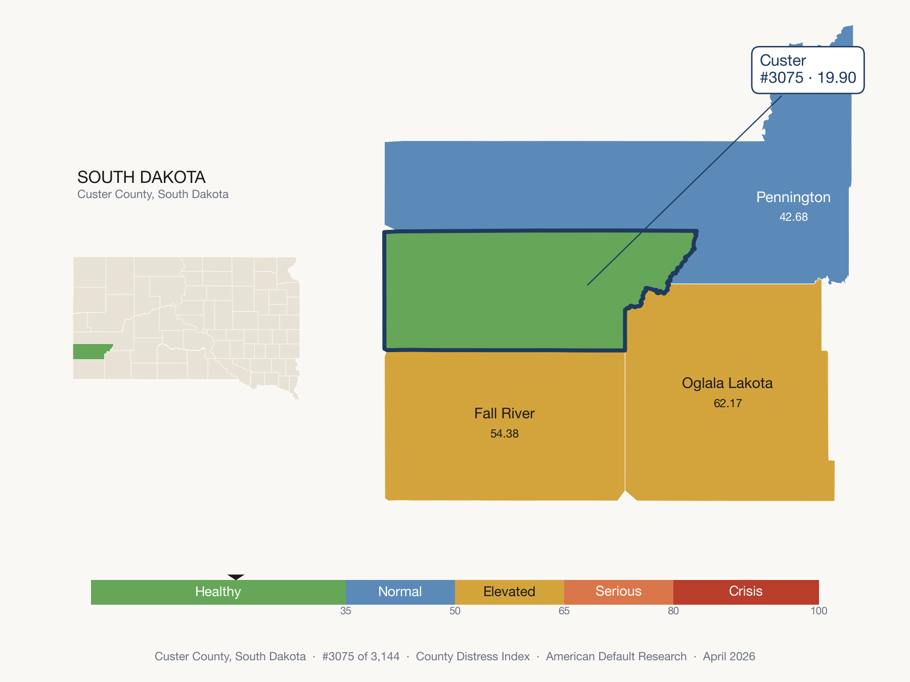 County Distress Index cluster map. Custer County, South Dakota and its neighbors colored by distress fifth.