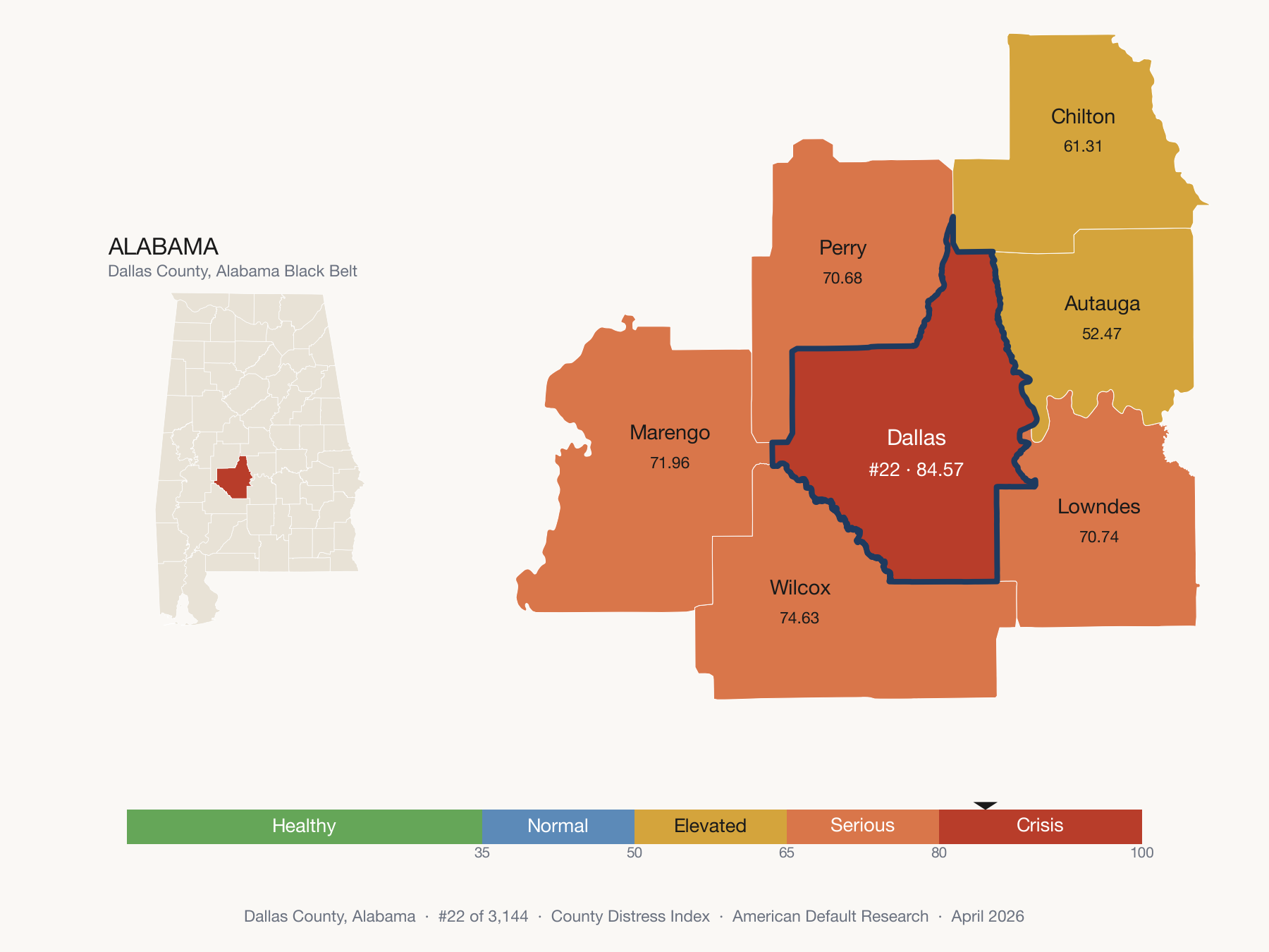 County Distress Index cluster map. Dallas County, Alabama and its neighbors colored by distress fifth.