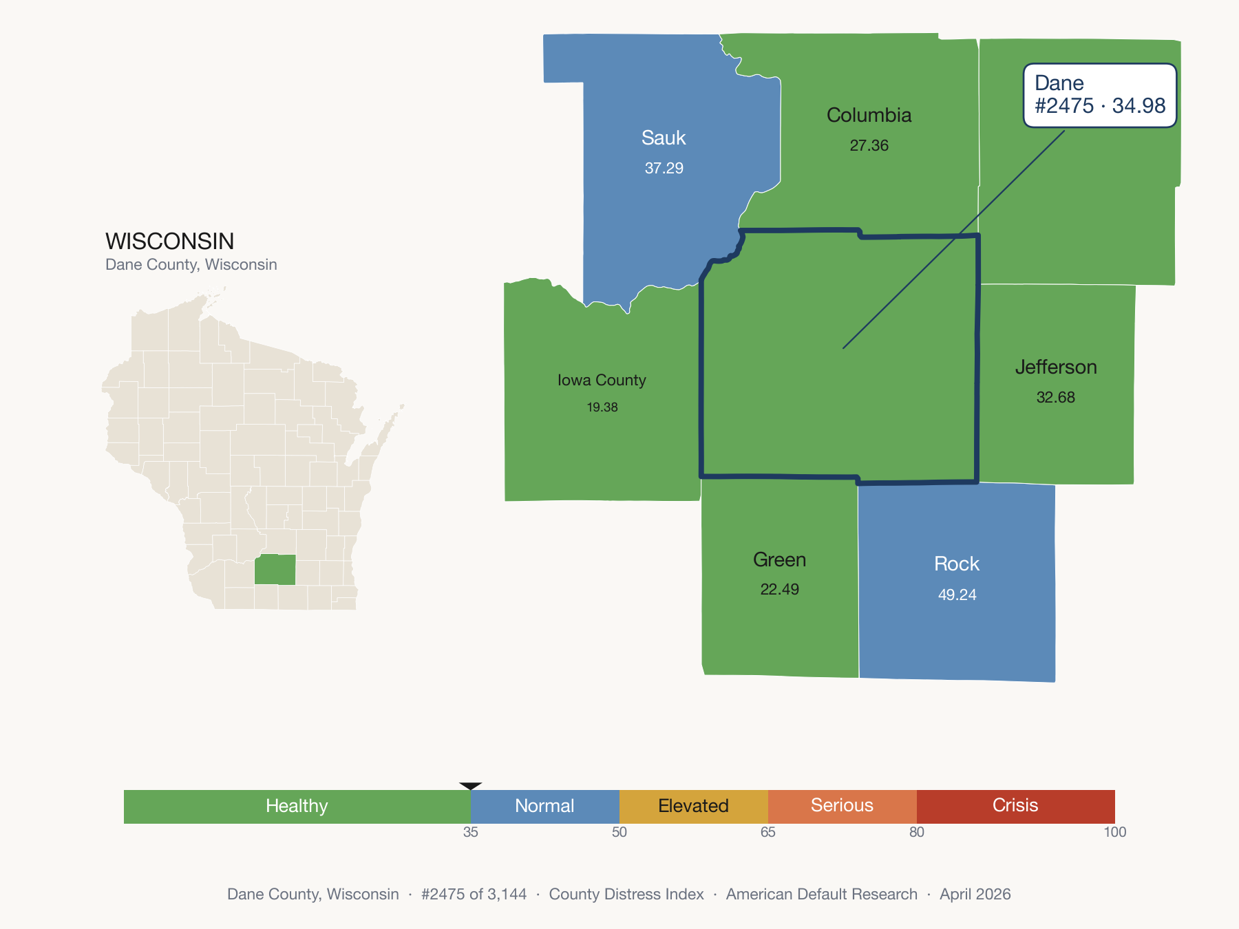 County Distress Index cluster map. Dane County, Wisconsin and its neighbors colored by distress fifth.