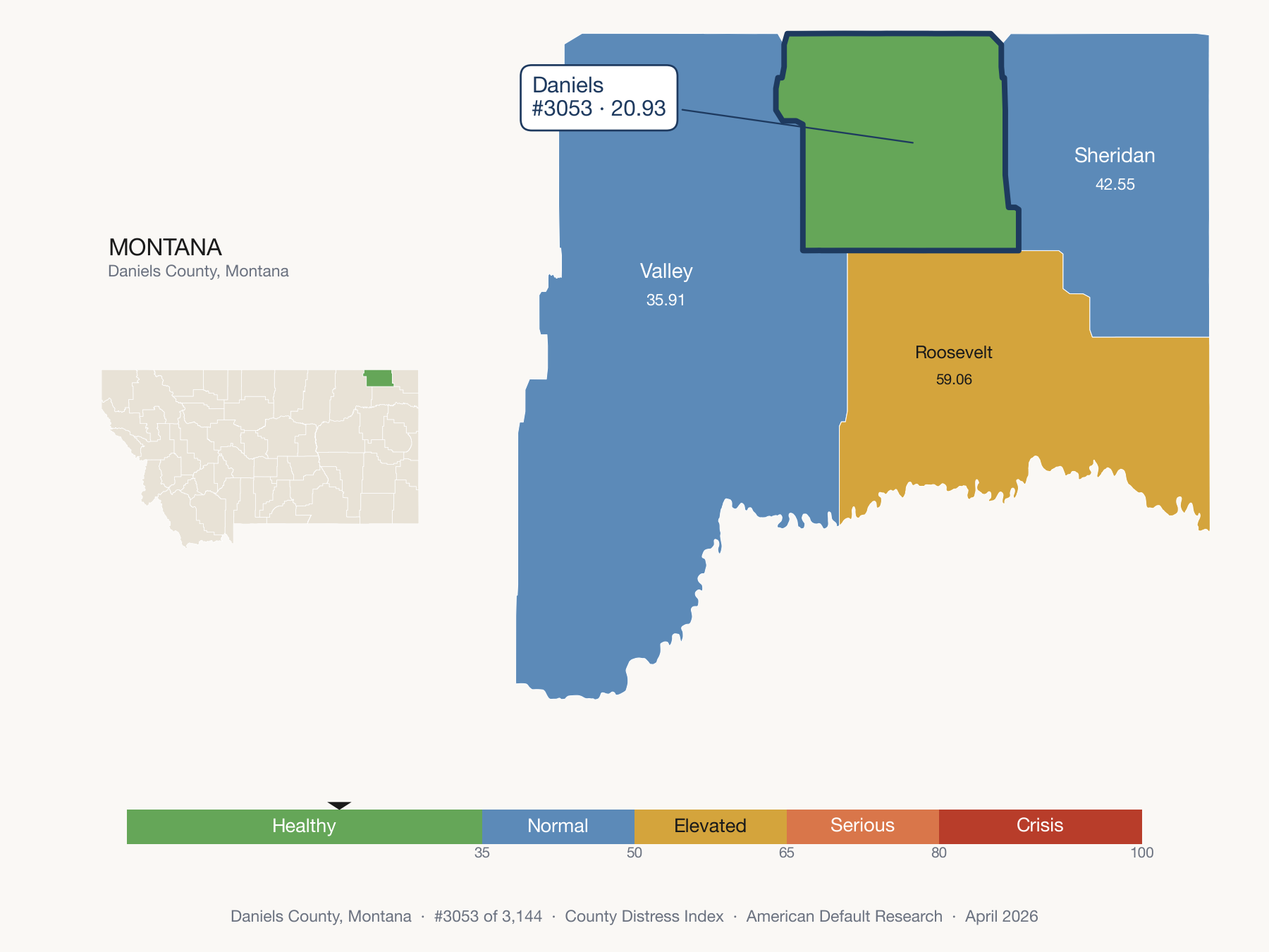 County Distress Index cluster map. Daniels County, Montana and its neighbors colored by distress fifth.