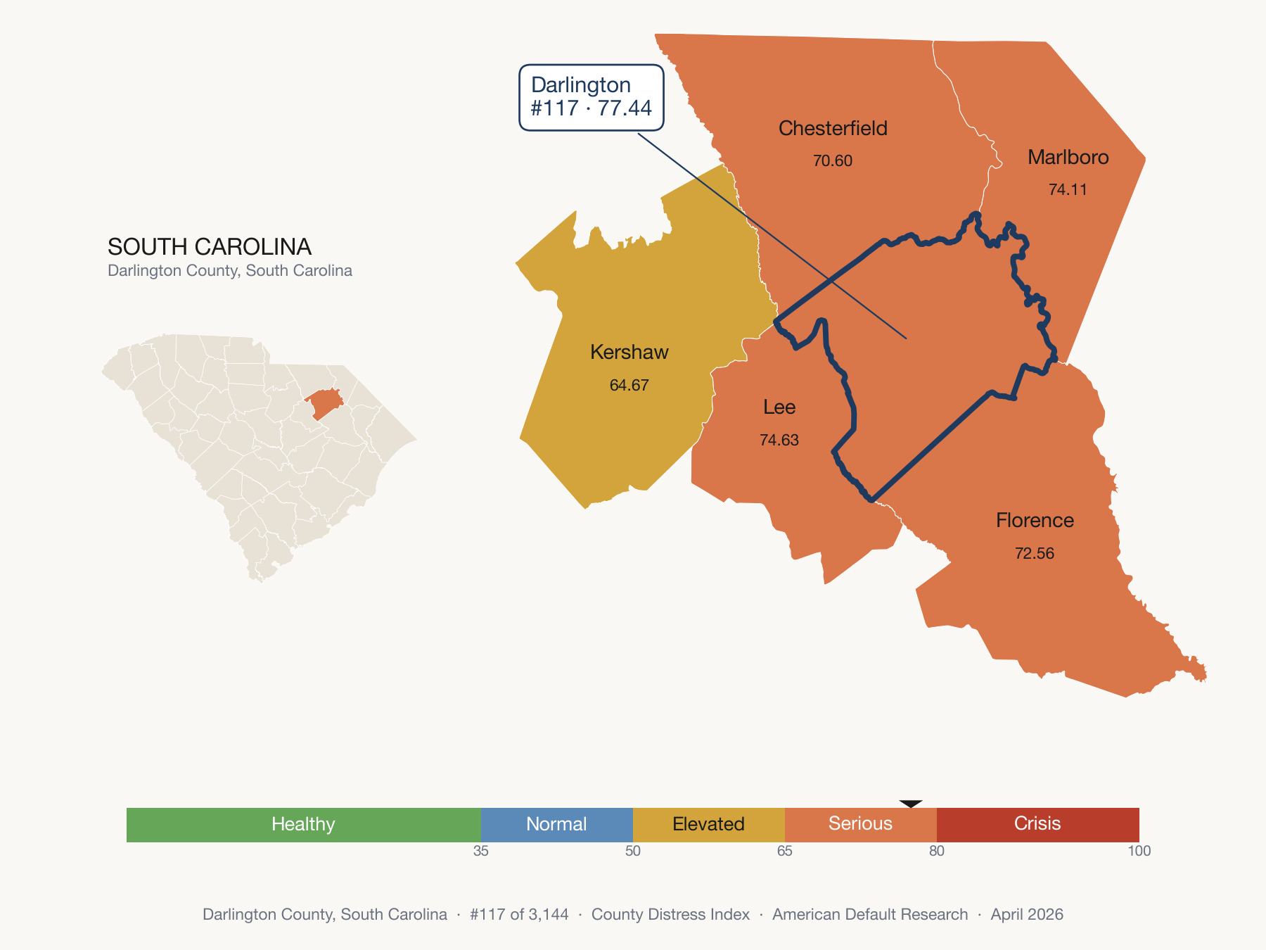 County Distress Index cluster map. Darlington County, South Carolina and its neighbors colored by distress fifth.