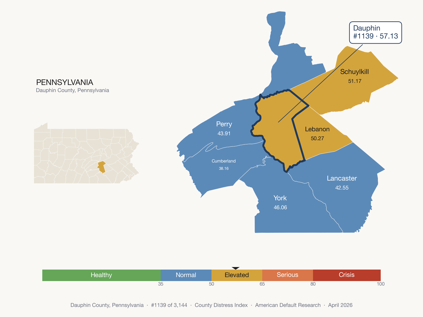 County Distress Index cluster map. Dauphin County, Pennsylvania and its neighbors colored by distress fifth.