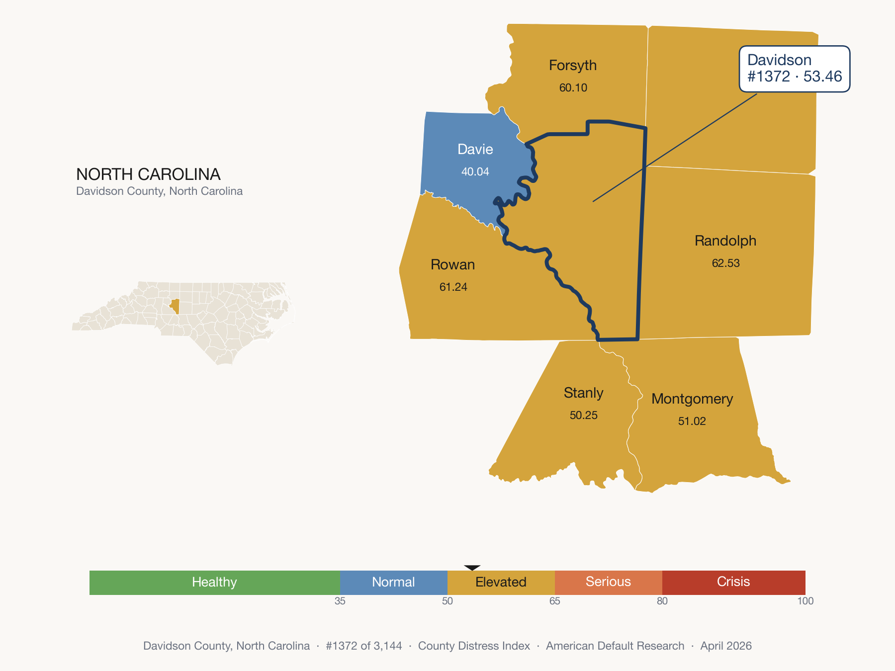 County Distress Index cluster map. Davidson County, North Carolina and its neighbors colored by distress fifth.