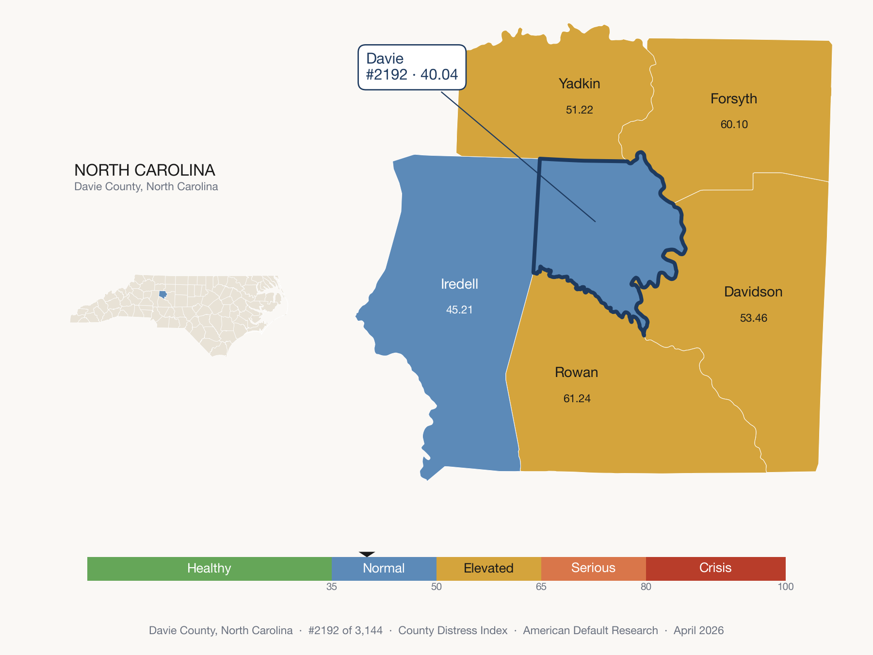 County Distress Index cluster map. Davie County, North Carolina and its neighbors colored by distress fifth.
