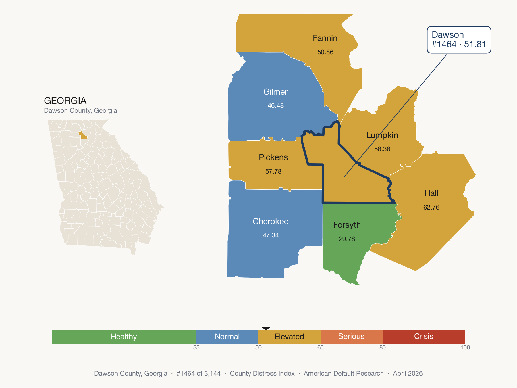 County Distress Index cluster map. Dawson County, Georgia and its neighbors colored by distress fifth.