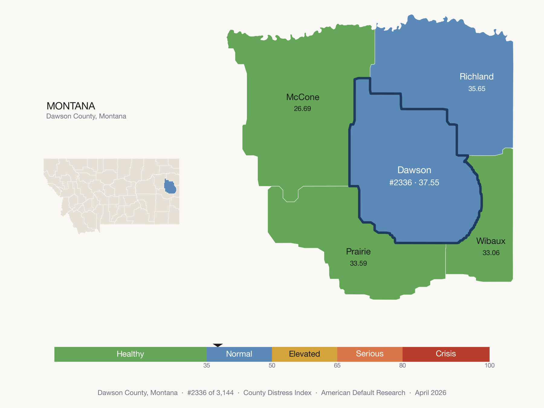 County Distress Index cluster map. Dawson County, Montana and its neighbors colored by distress fifth.