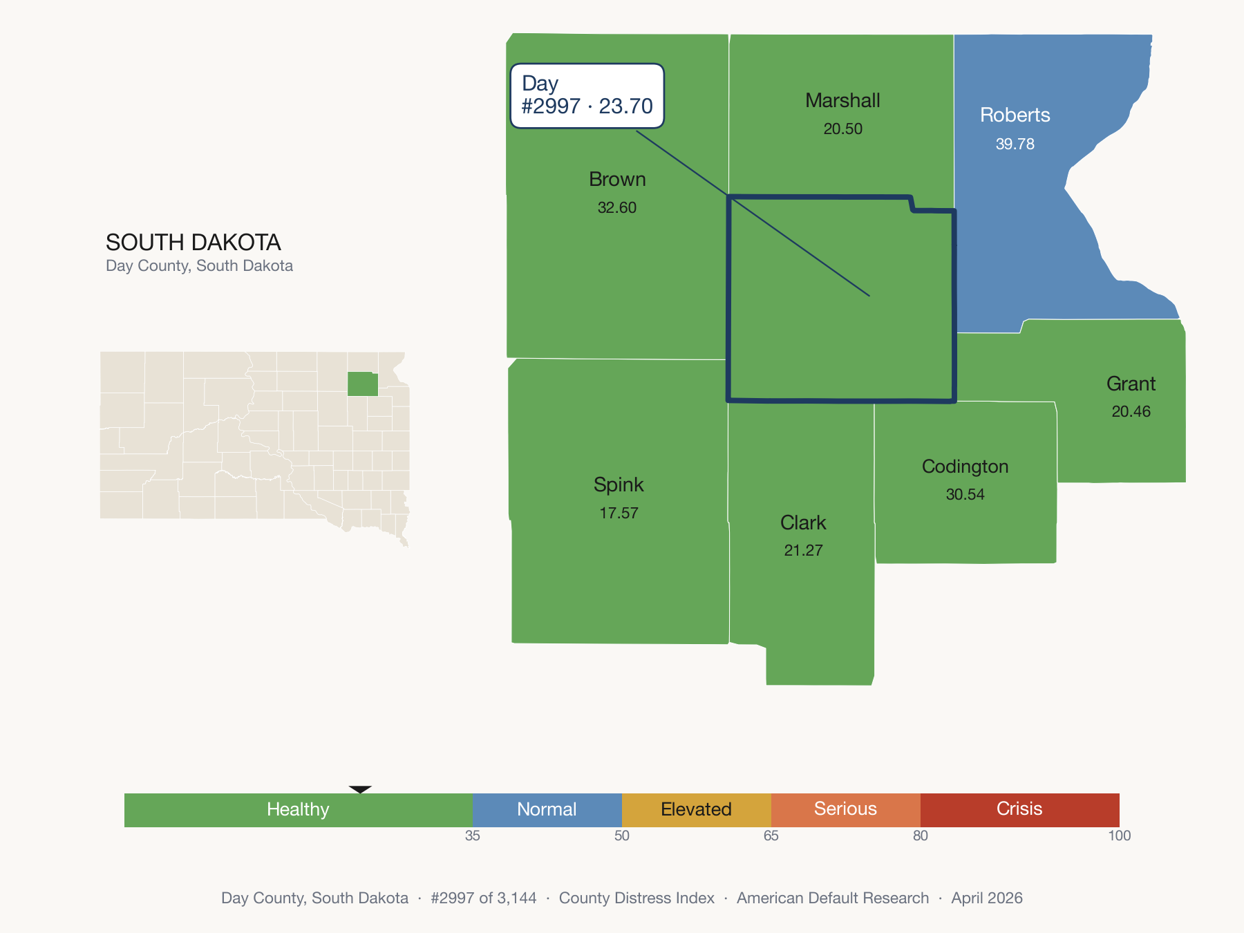 County Distress Index cluster map. Day County, South Dakota and its neighbors colored by distress fifth.