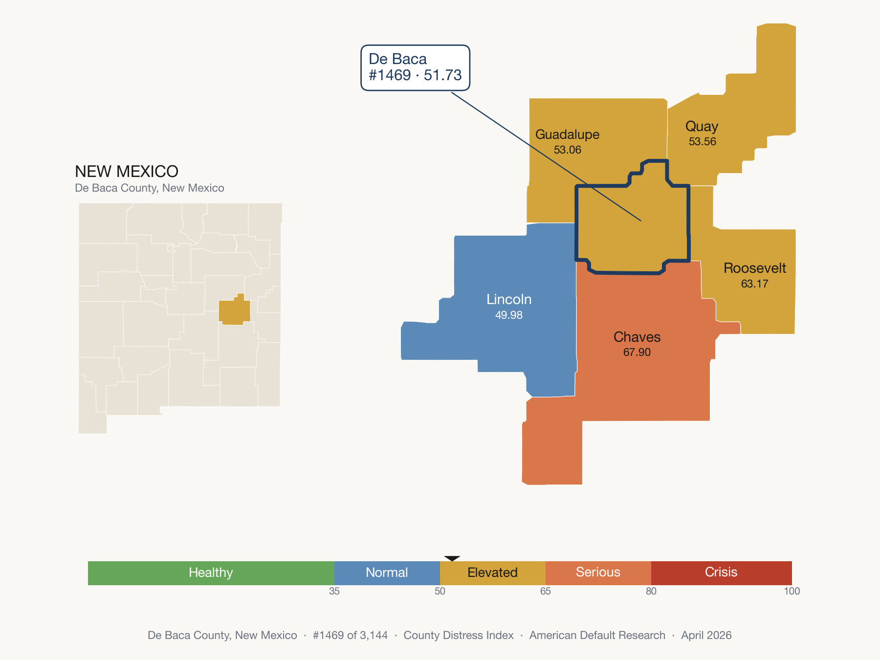 County Distress Index cluster map. De Baca County, New Mexico and its neighbors colored by distress fifth.