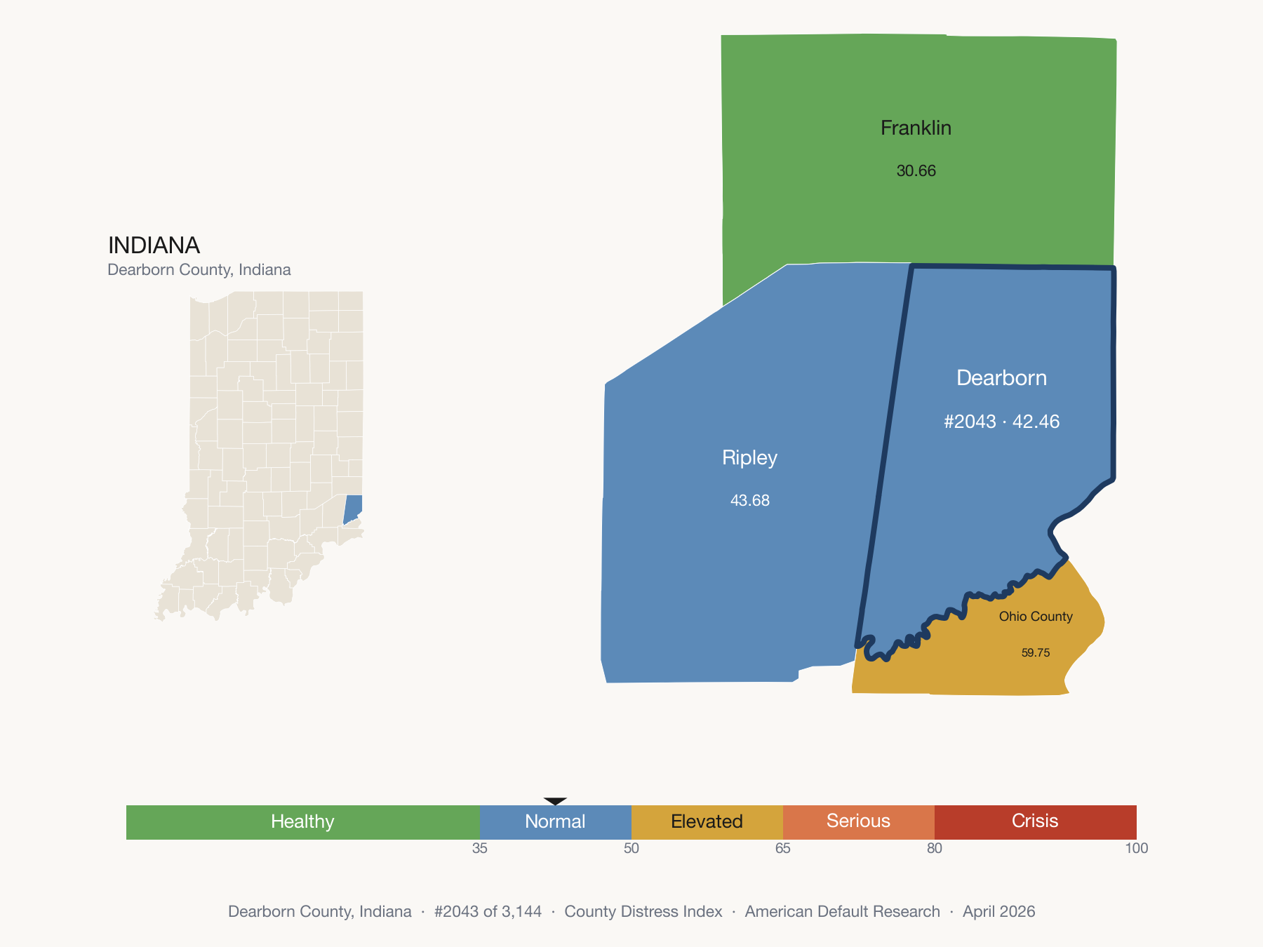 County Distress Index cluster map. Dearborn County, Indiana and its neighbors colored by distress fifth.