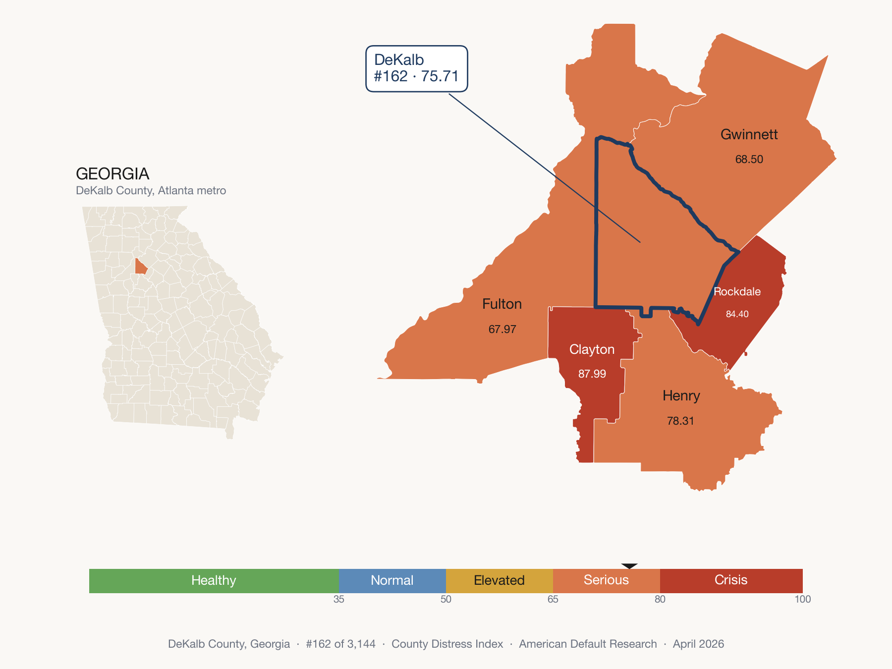 County Distress Index cluster map. DeKalb County, Georgia and its neighbors colored by distress fifth.