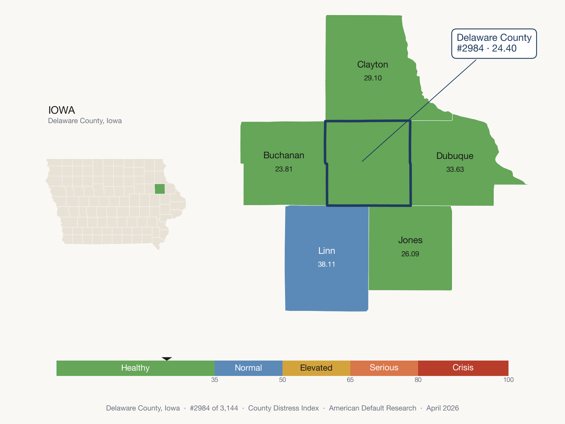 County Distress Index cluster map. Delaware County, Iowa and its neighbors colored by distress fifth.