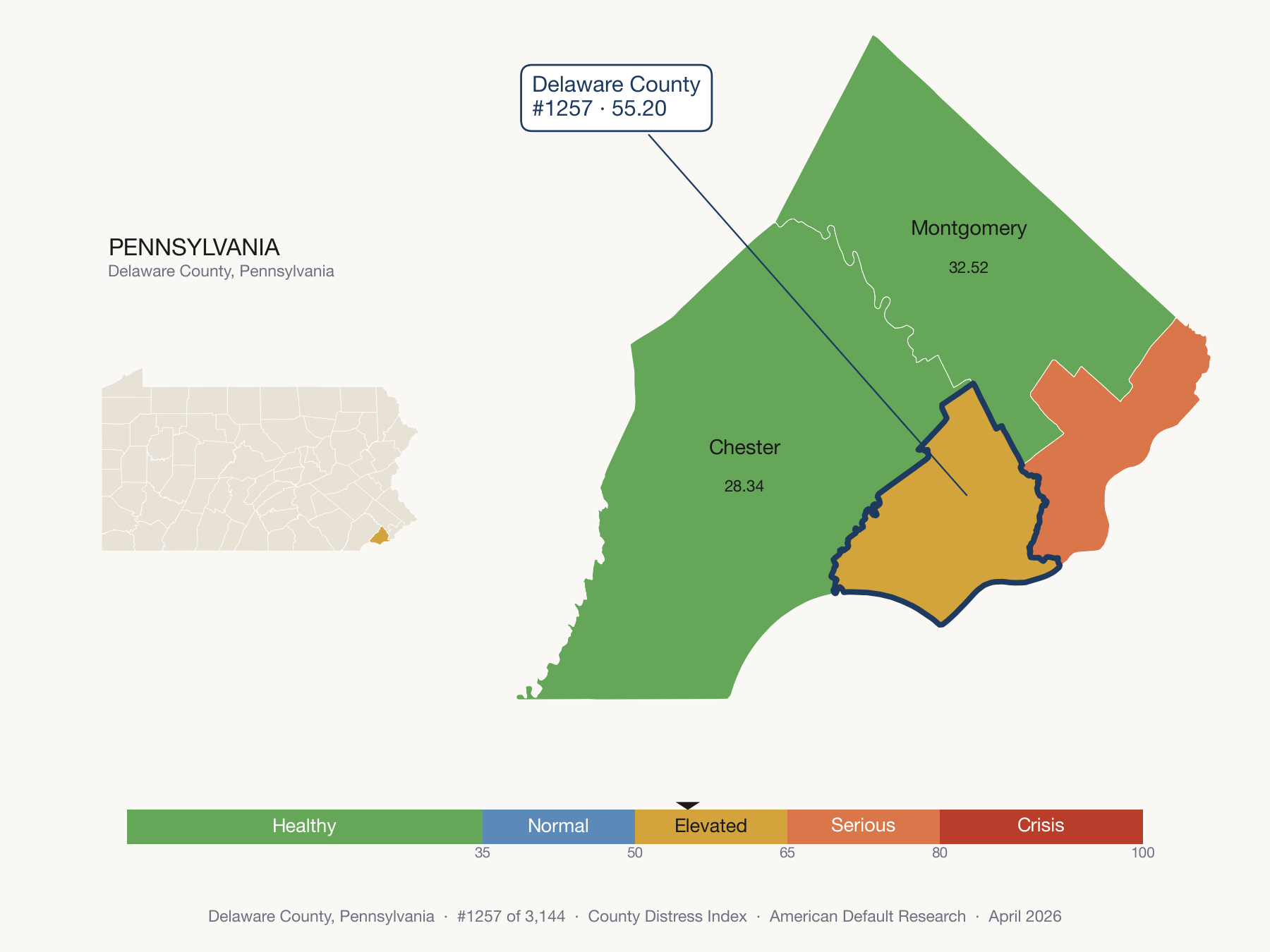 County Distress Index cluster map. Delaware County, Pennsylvania and its neighbors colored by distress fifth.