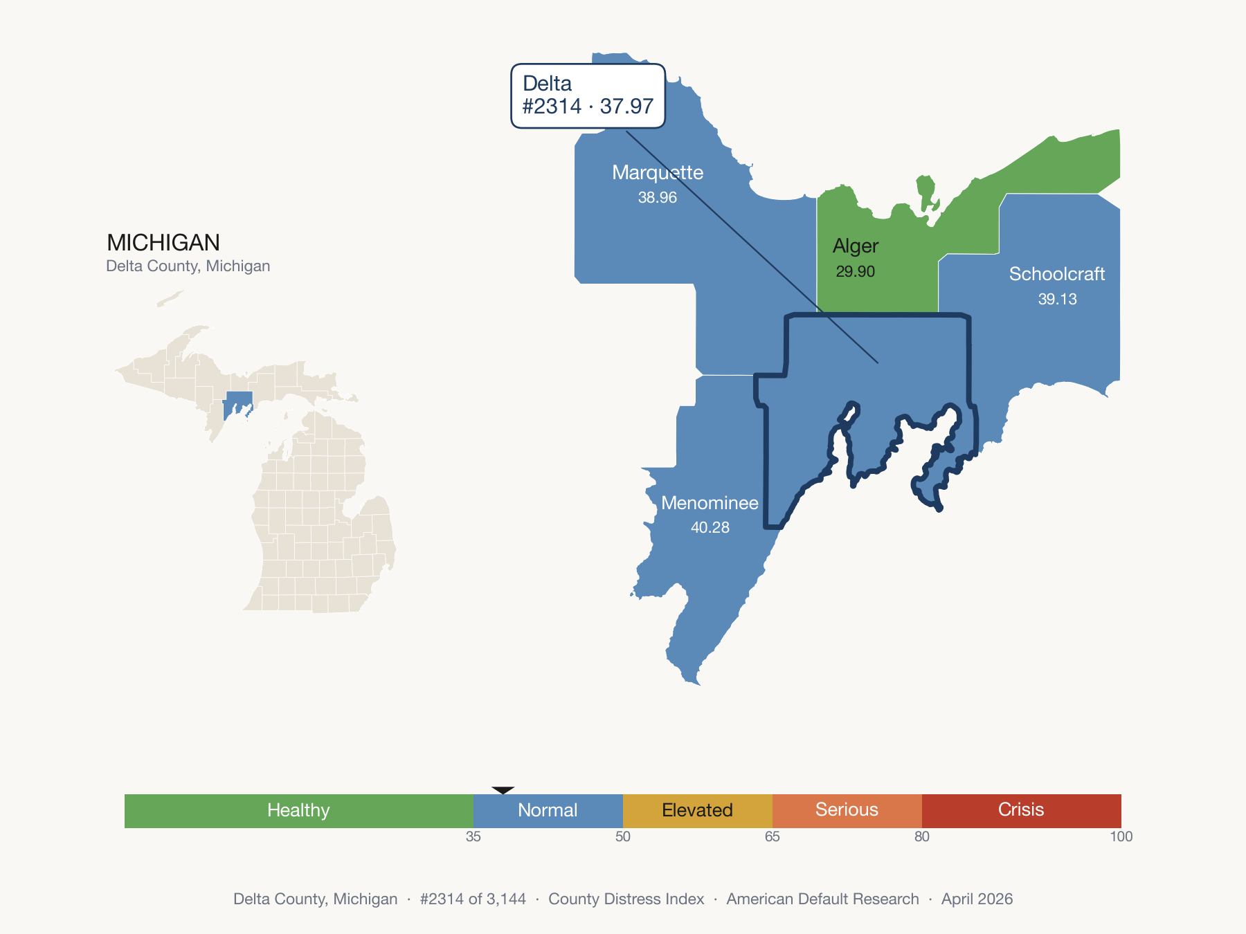 County Distress Index cluster map. Delta County, Michigan and its neighbors colored by distress fifth.