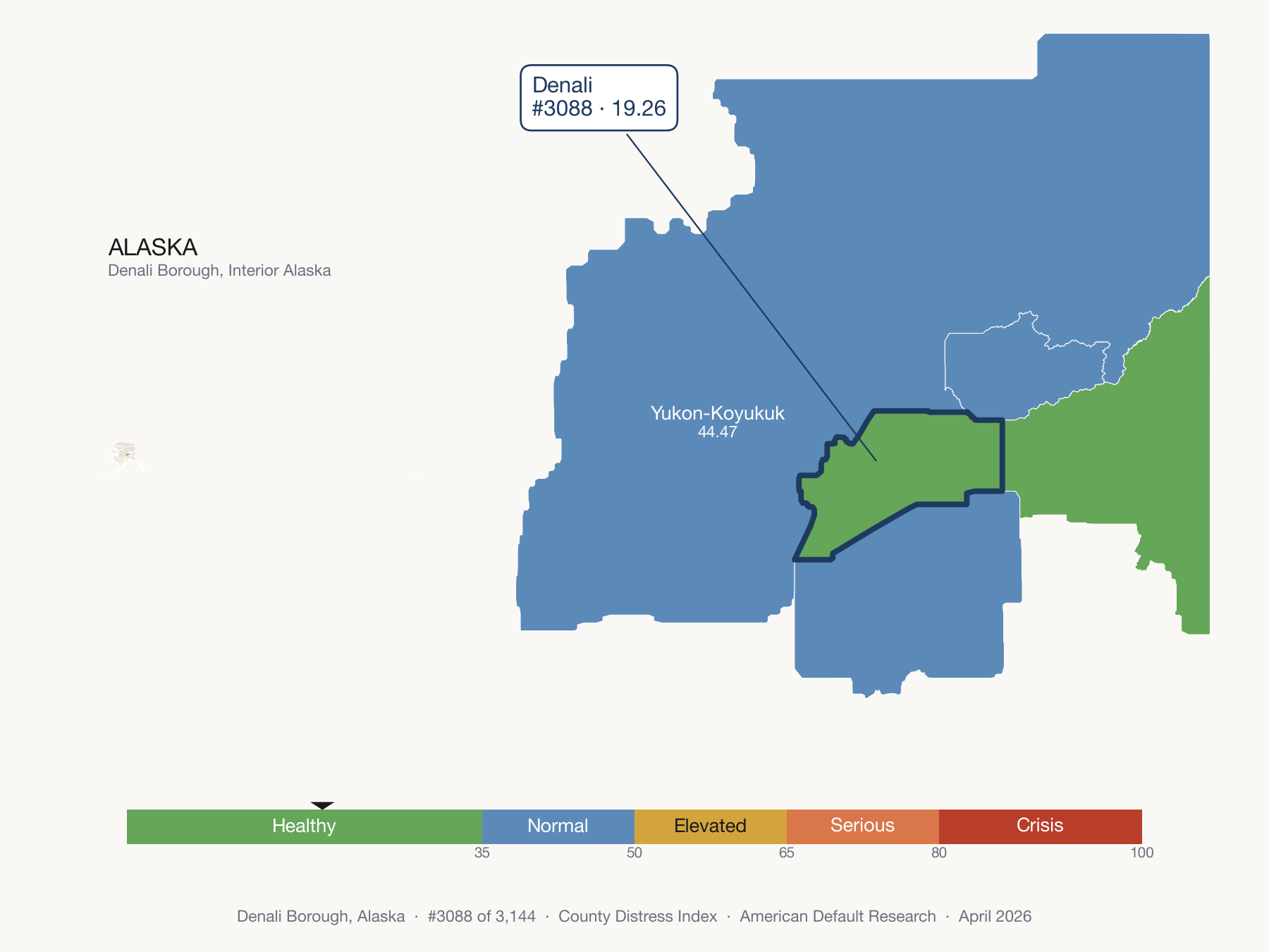 County Distress Index cluster map. Denali Borough, Alaska and its neighbors colored by distress fifth.