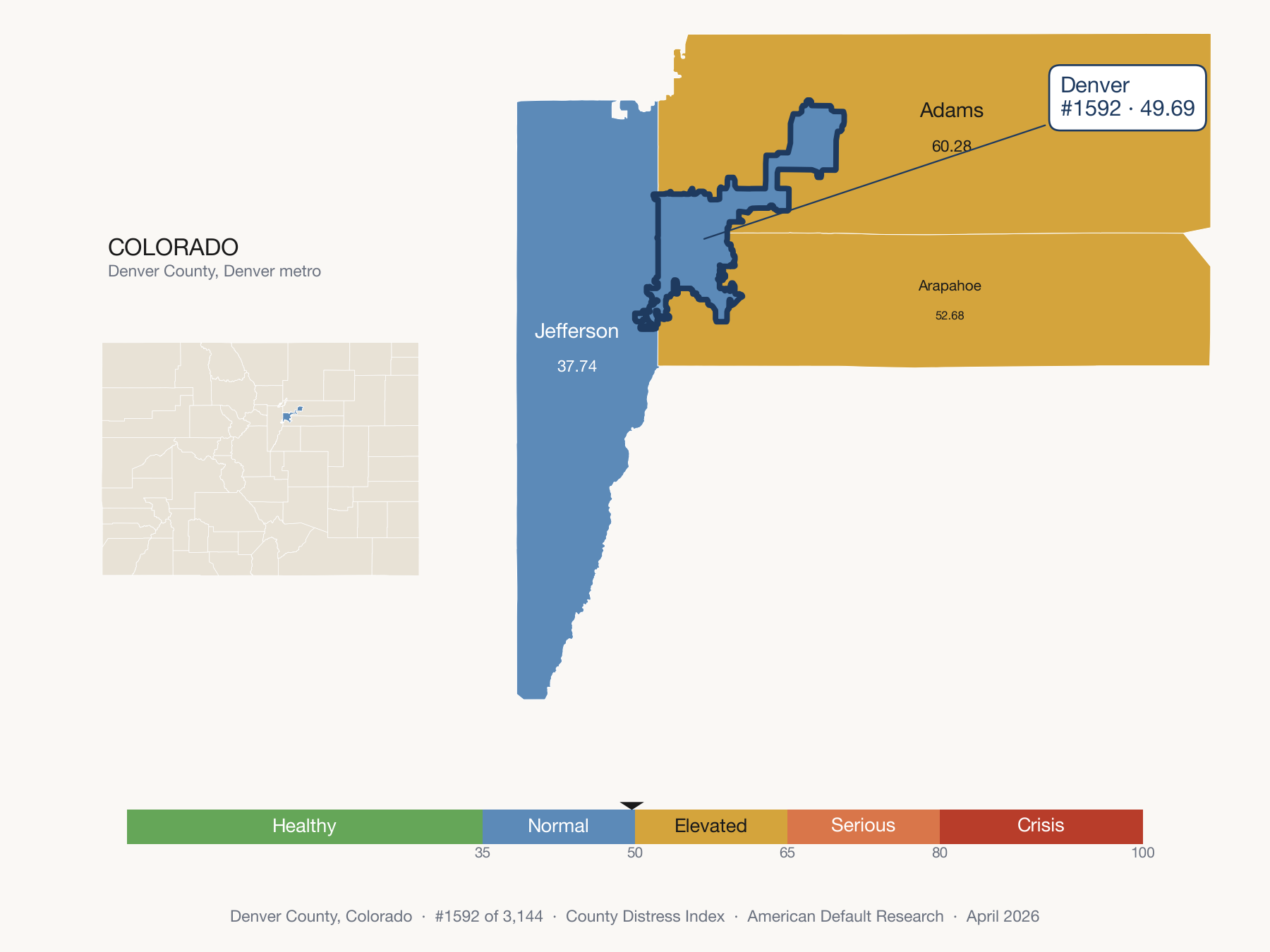County Distress Index cluster map. Denver County, Colorado and its neighbors colored by distress fifth.