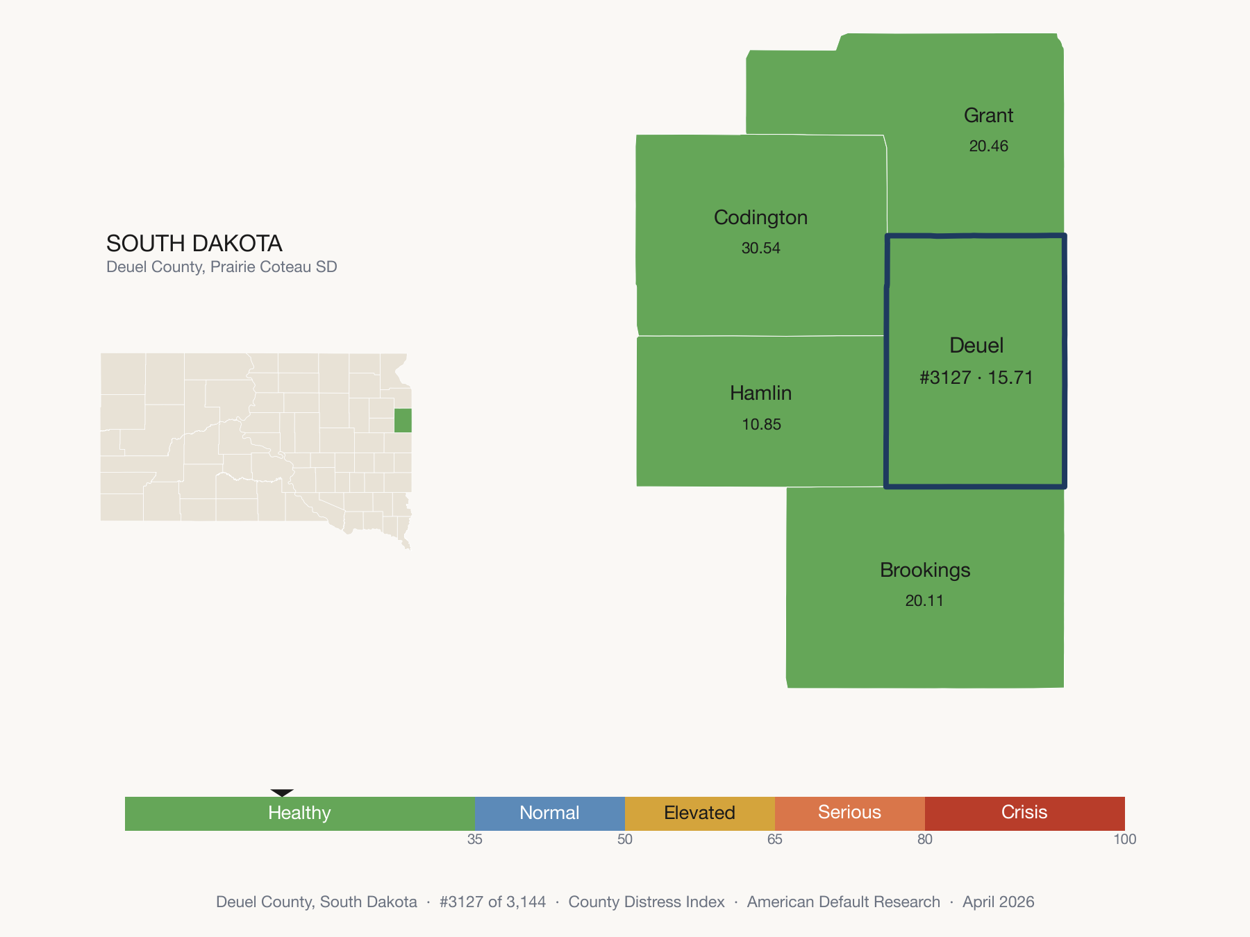 County Distress Index cluster map. Deuel County, South Dakota and its neighbors colored by distress fifth.