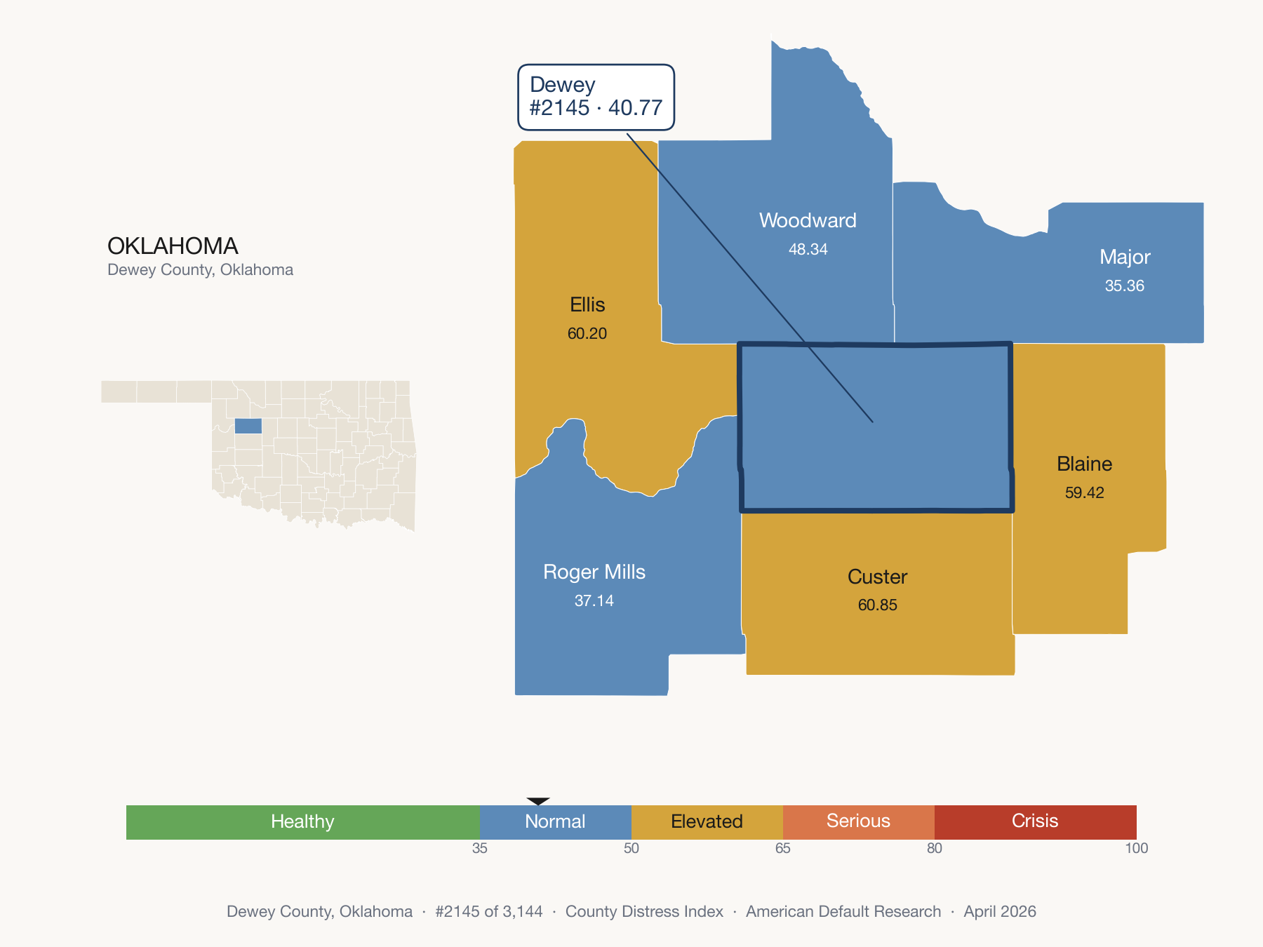 County Distress Index cluster map. Dewey County, Oklahoma and its neighbors colored by distress fifth.
