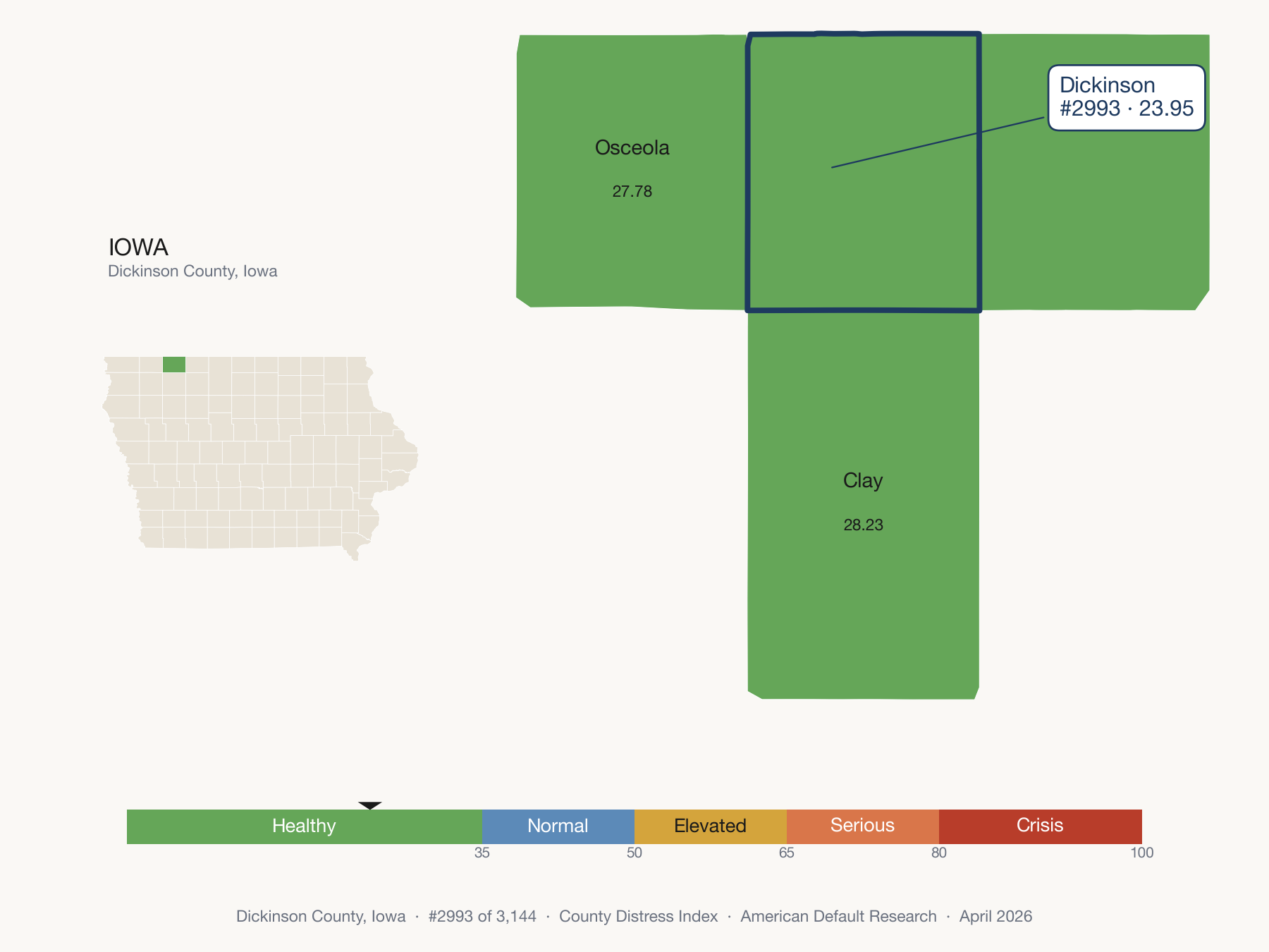 County Distress Index cluster map. Dickinson County, Iowa and its neighbors colored by distress fifth.