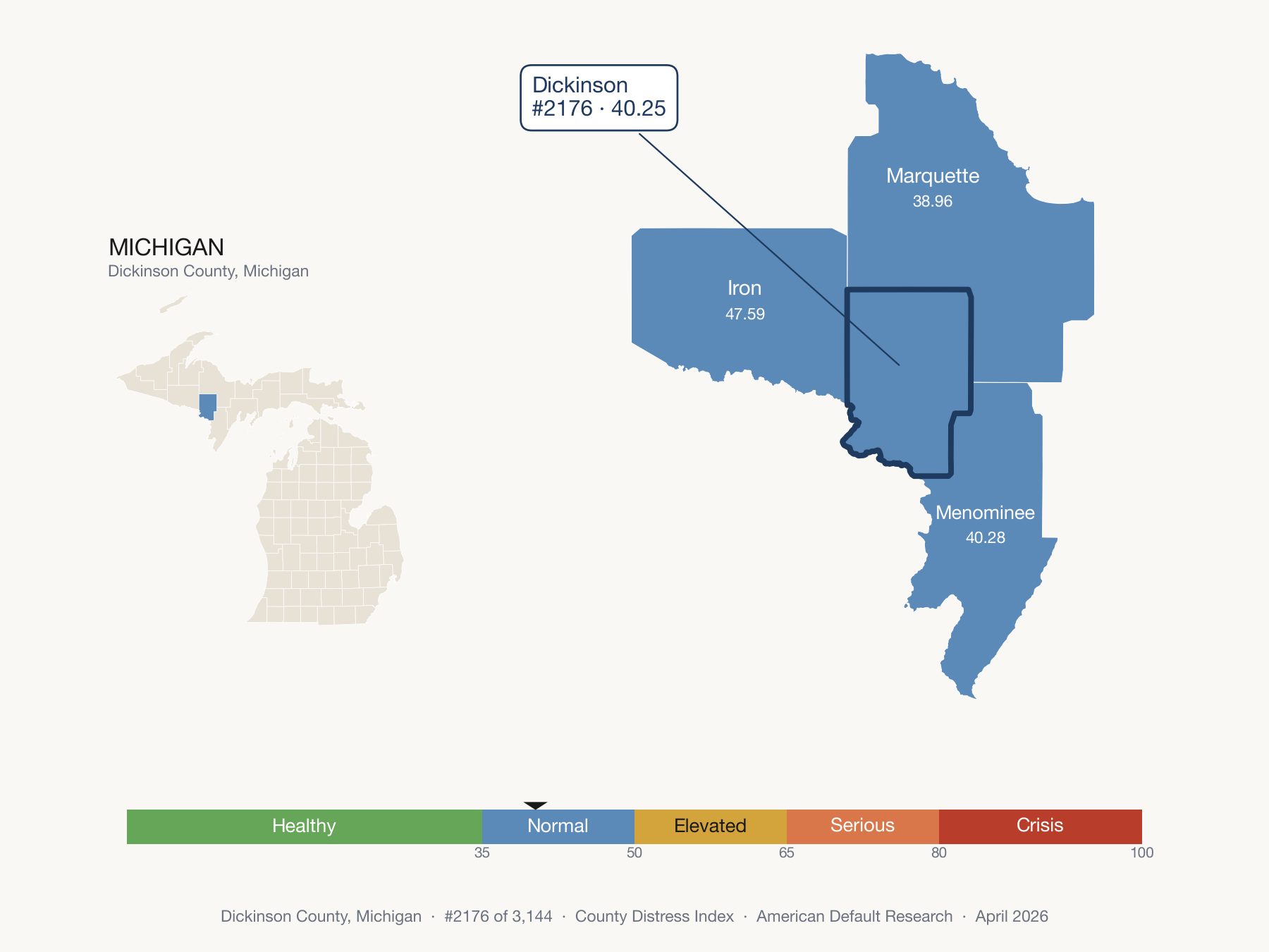 County Distress Index cluster map. Dickinson County, Michigan and its neighbors colored by distress fifth.