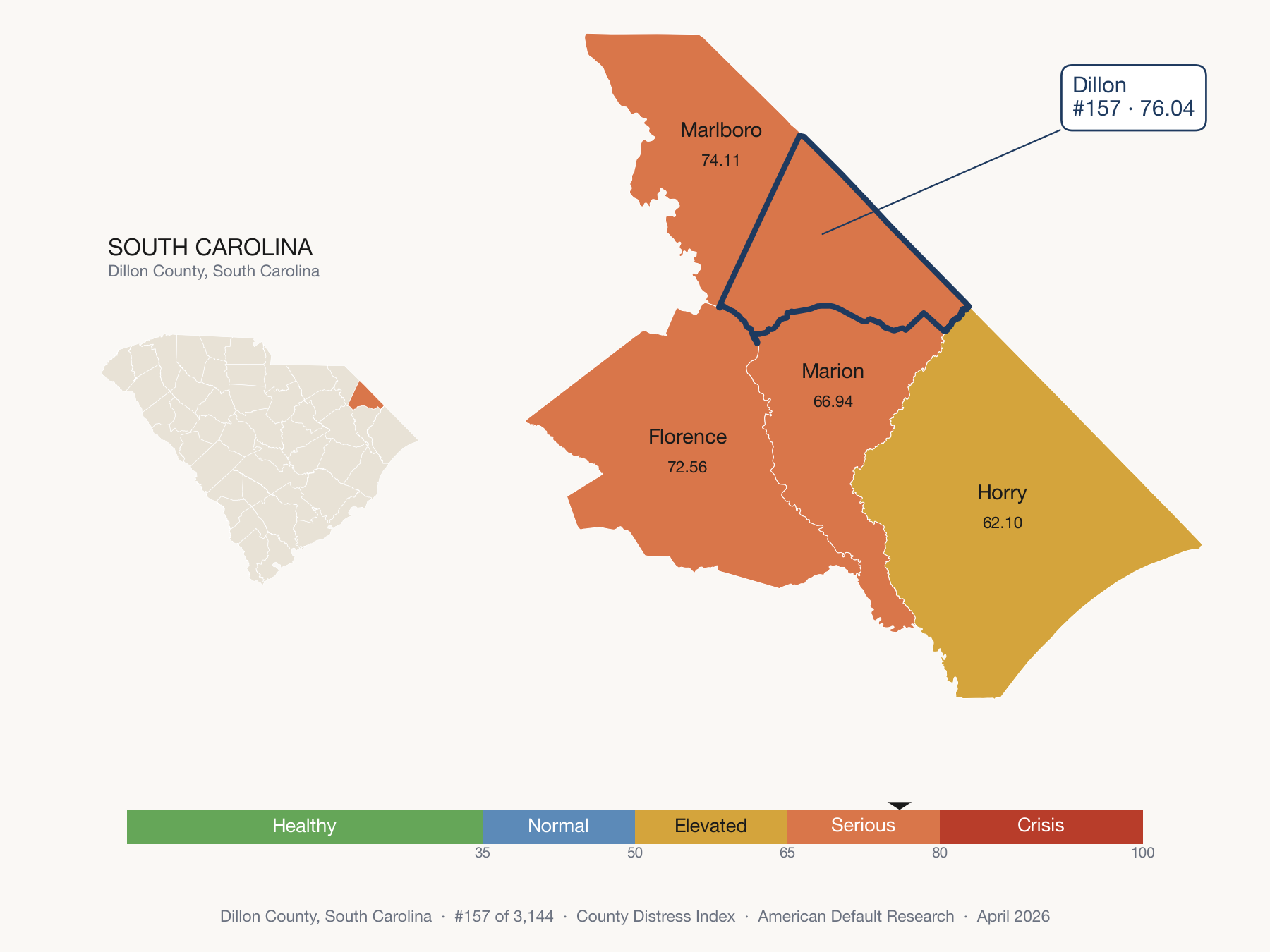 County Distress Index cluster map. Dillon County, South Carolina and its neighbors colored by distress fifth.