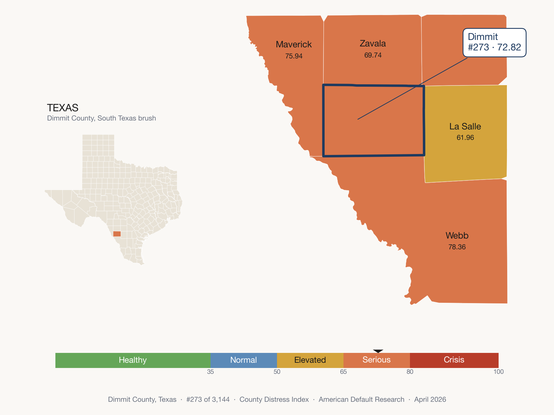 County Distress Index cluster map. Dimmit County, Texas and its neighbors colored by distress fifth.