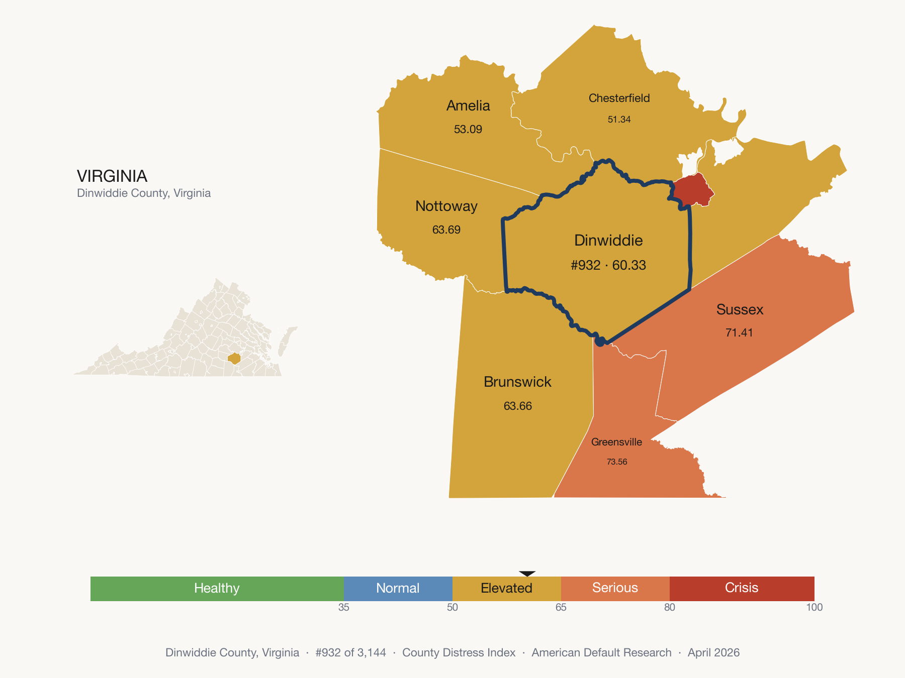 County Distress Index cluster map. Dinwiddie County, Virginia and its neighbors colored by distress fifth.