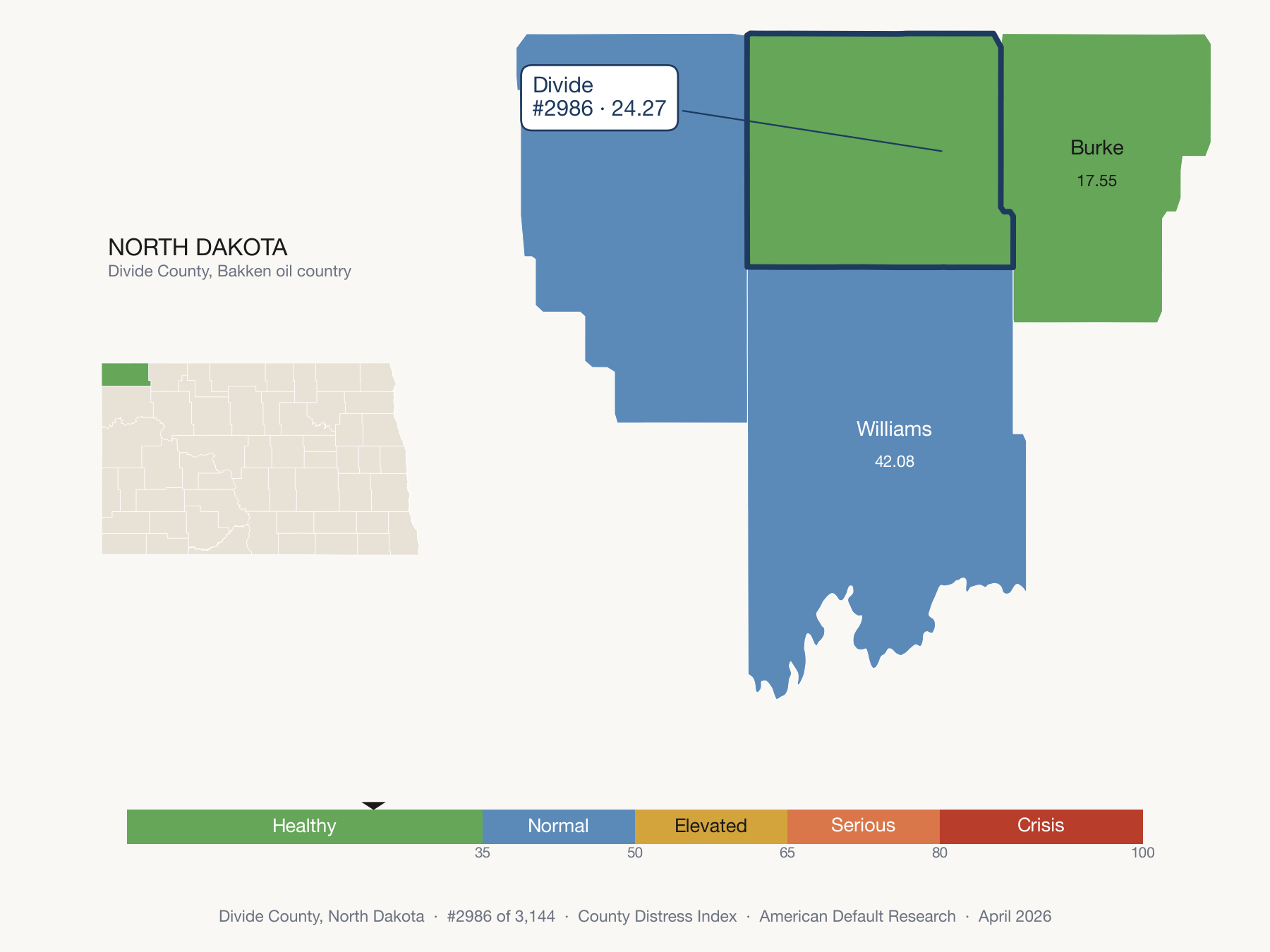 County Distress Index cluster map. Divide County, North Dakota and its neighbors colored by distress fifth.