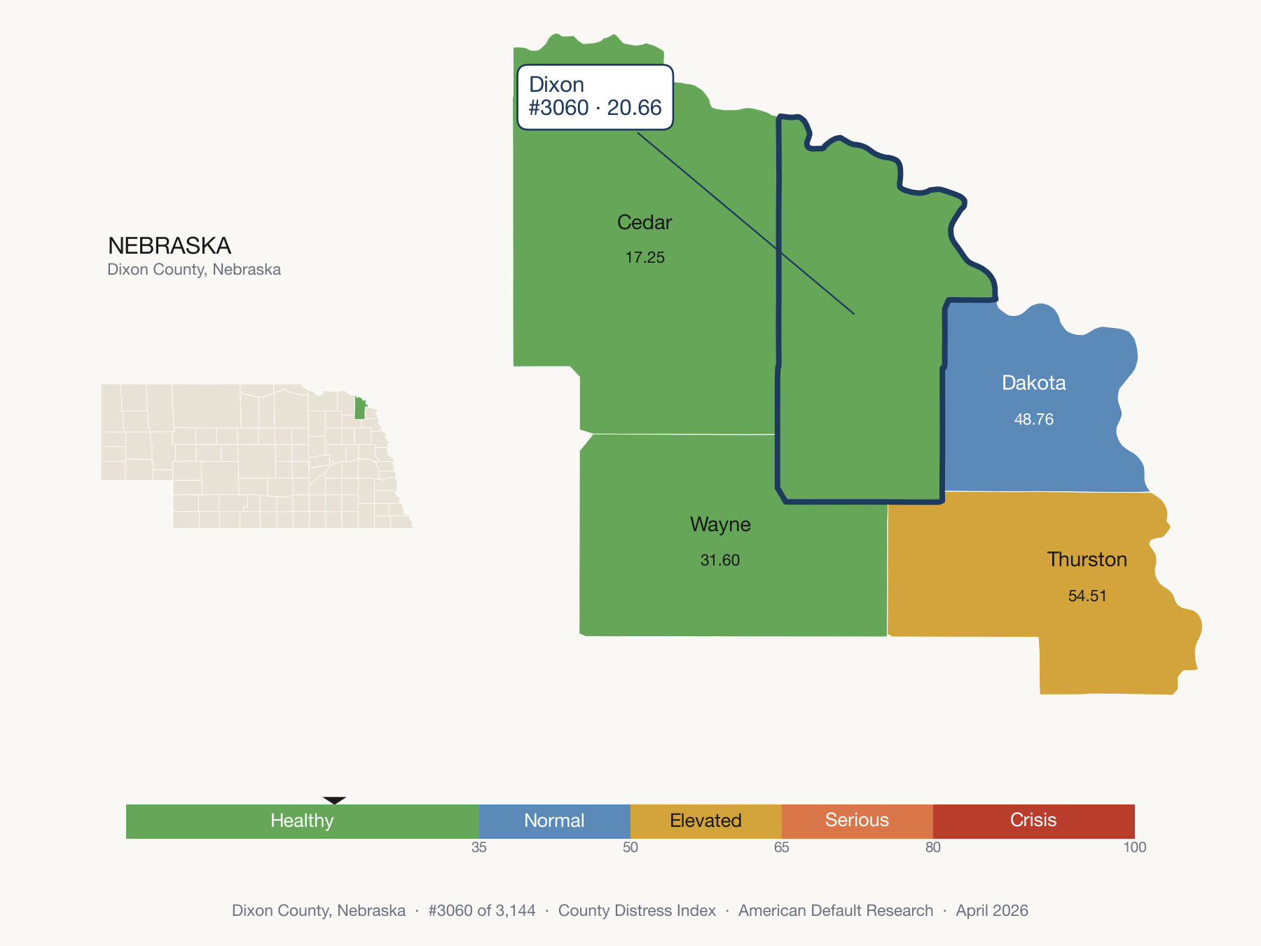 County Distress Index cluster map. Dixon County, Nebraska and its neighbors colored by distress fifth.