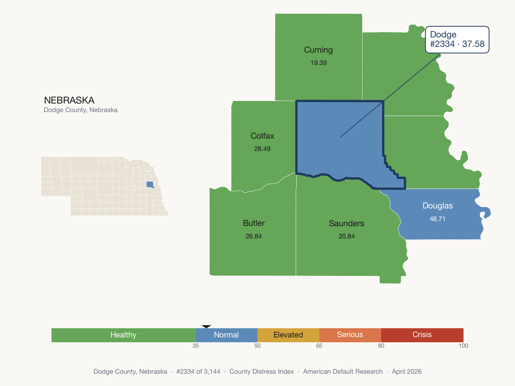 County Distress Index cluster map. Dodge County, Nebraska and its neighbors colored by distress fifth.