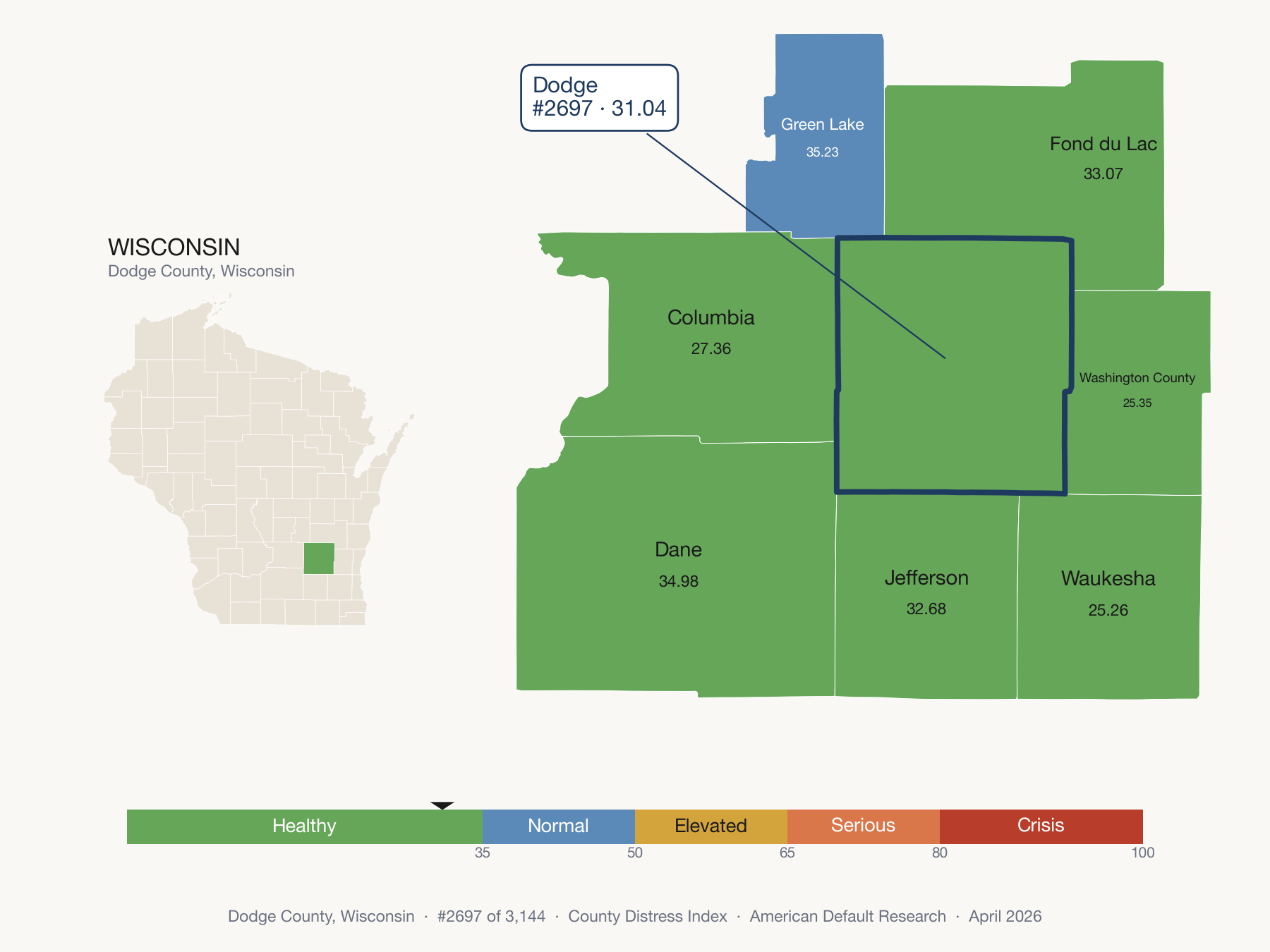 County Distress Index cluster map. Dodge County, Wisconsin and its neighbors colored by distress fifth.