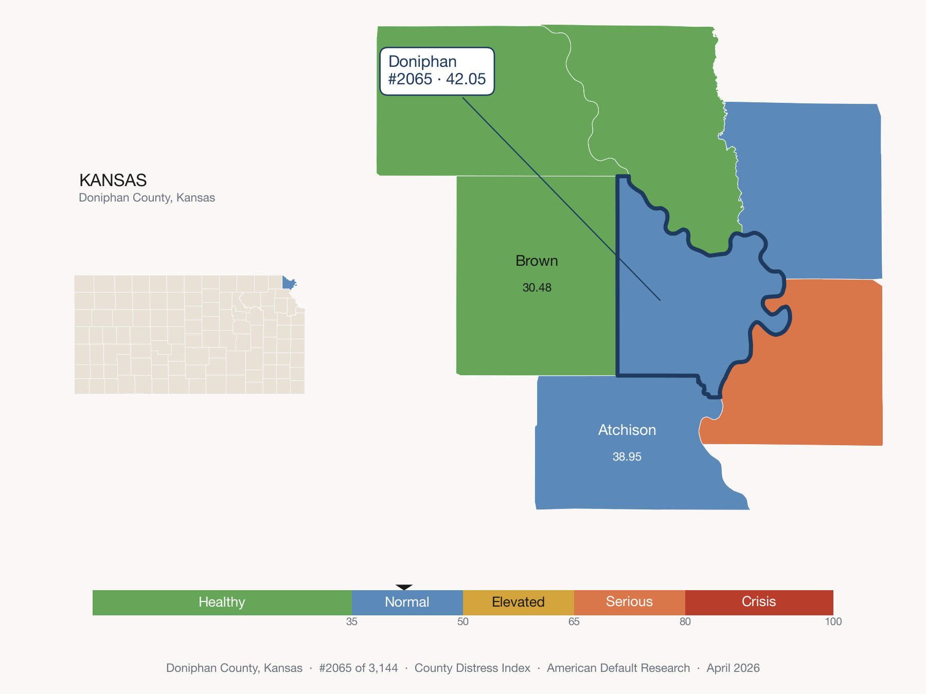 County Distress Index cluster map. Doniphan County, Kansas and its neighbors colored by distress fifth.