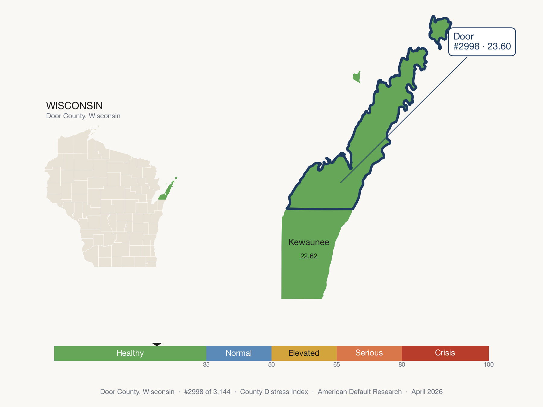 County Distress Index cluster map. Door County, Wisconsin and its neighbors colored by distress fifth.