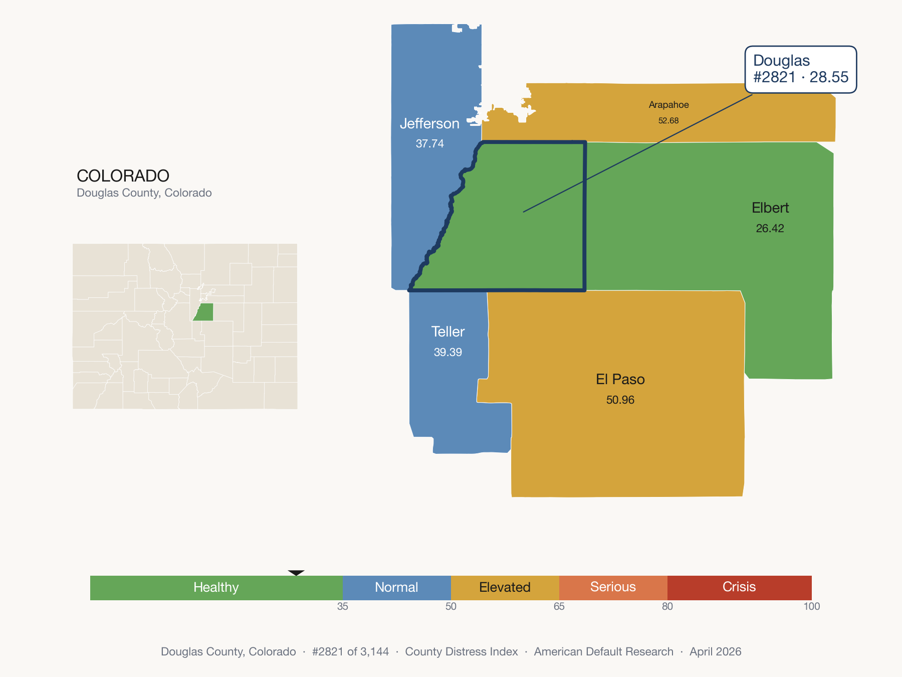 County Distress Index cluster map. Douglas County, Colorado and its neighbors colored by distress fifth.