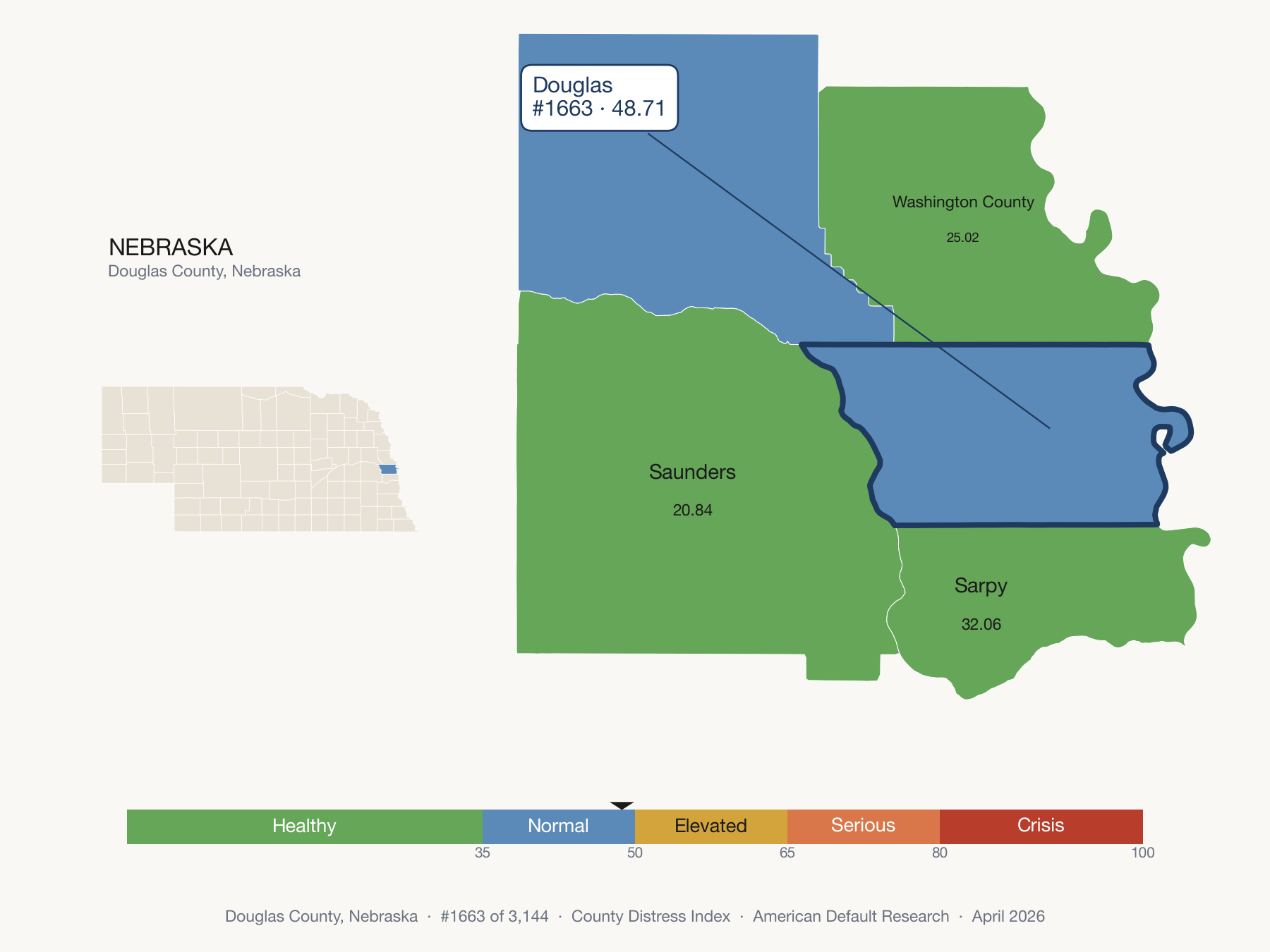 County Distress Index cluster map. Douglas County, Nebraska and its neighbors colored by distress fifth.