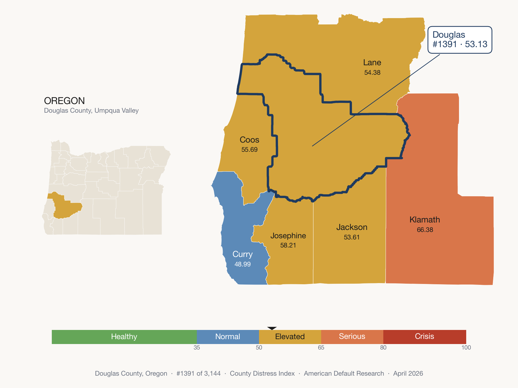 County Distress Index cluster map. Douglas County, Oregon and its neighbors colored by distress fifth.