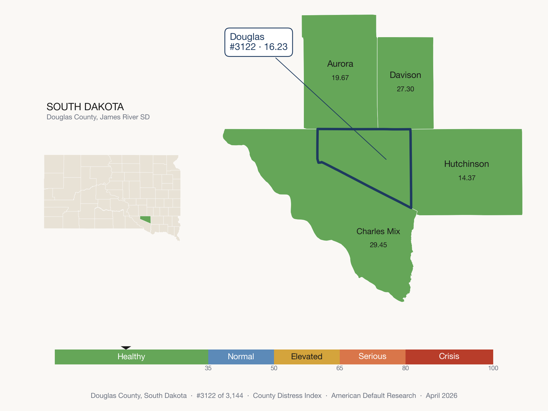 County Distress Index cluster map. Douglas County, South Dakota and its neighbors colored by distress fifth.