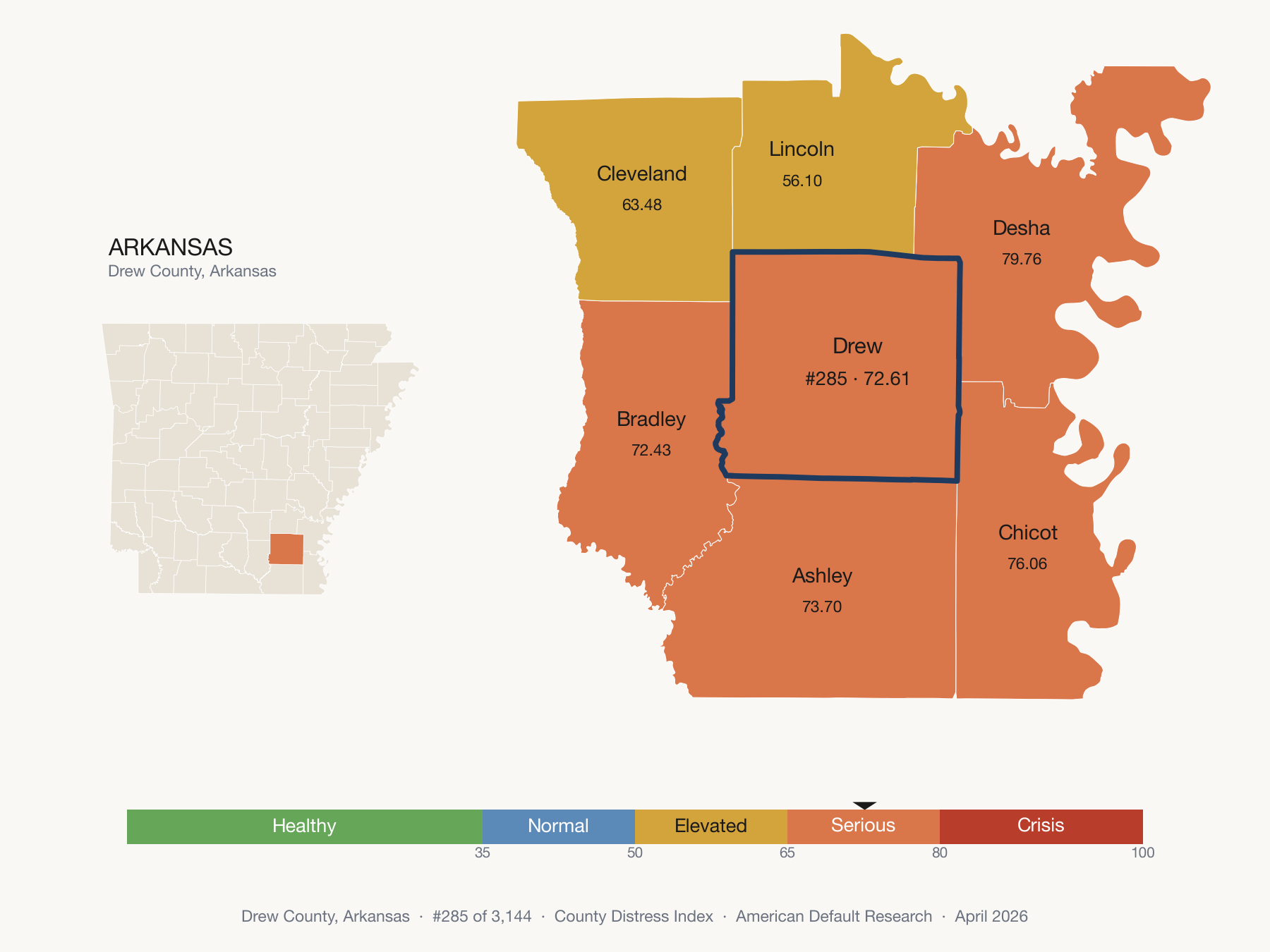 County Distress Index cluster map. Drew County, Arkansas and its neighbors colored by distress fifth.
