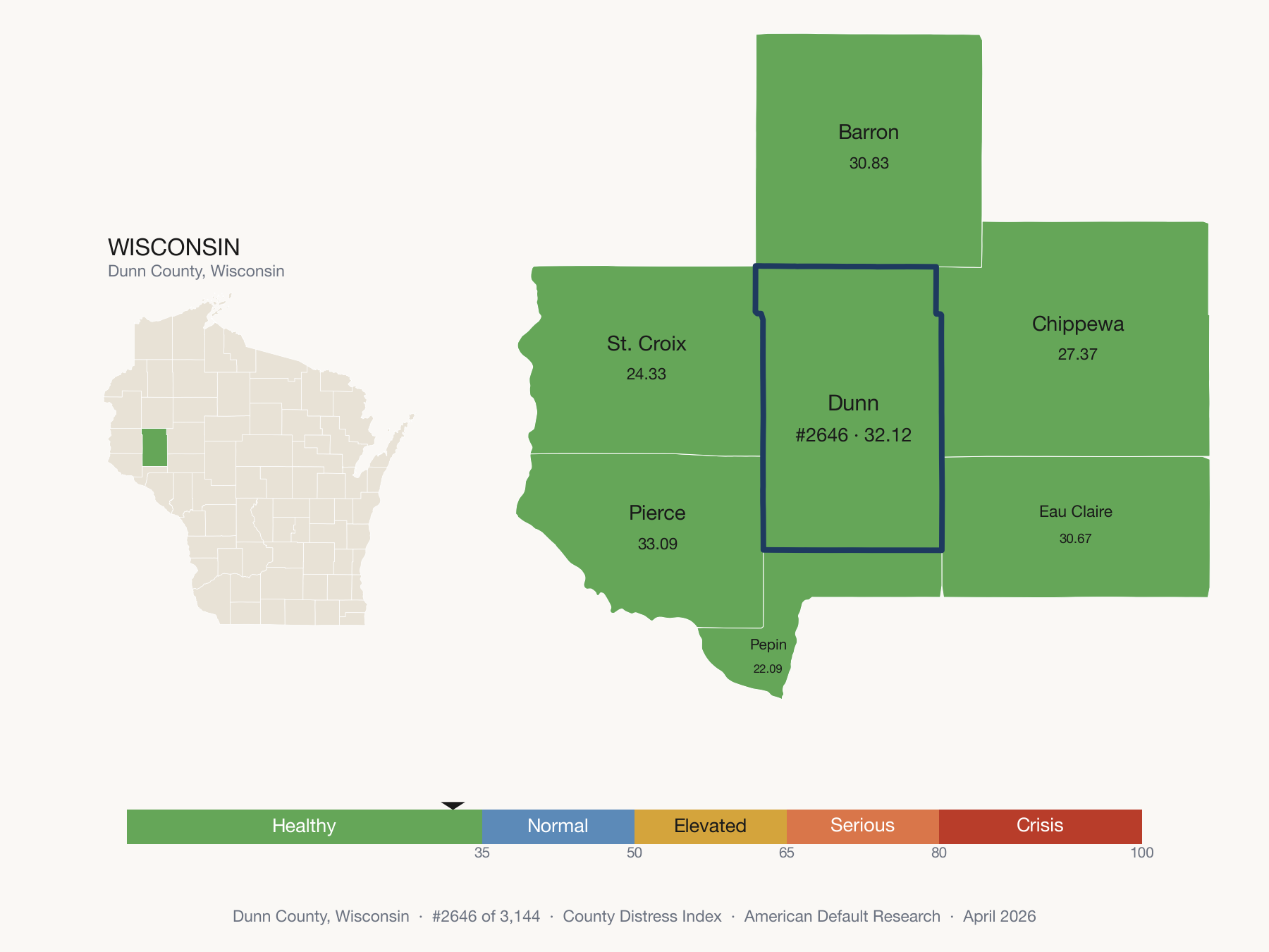 County Distress Index cluster map. Dunn County, Wisconsin and its neighbors colored by distress fifth.