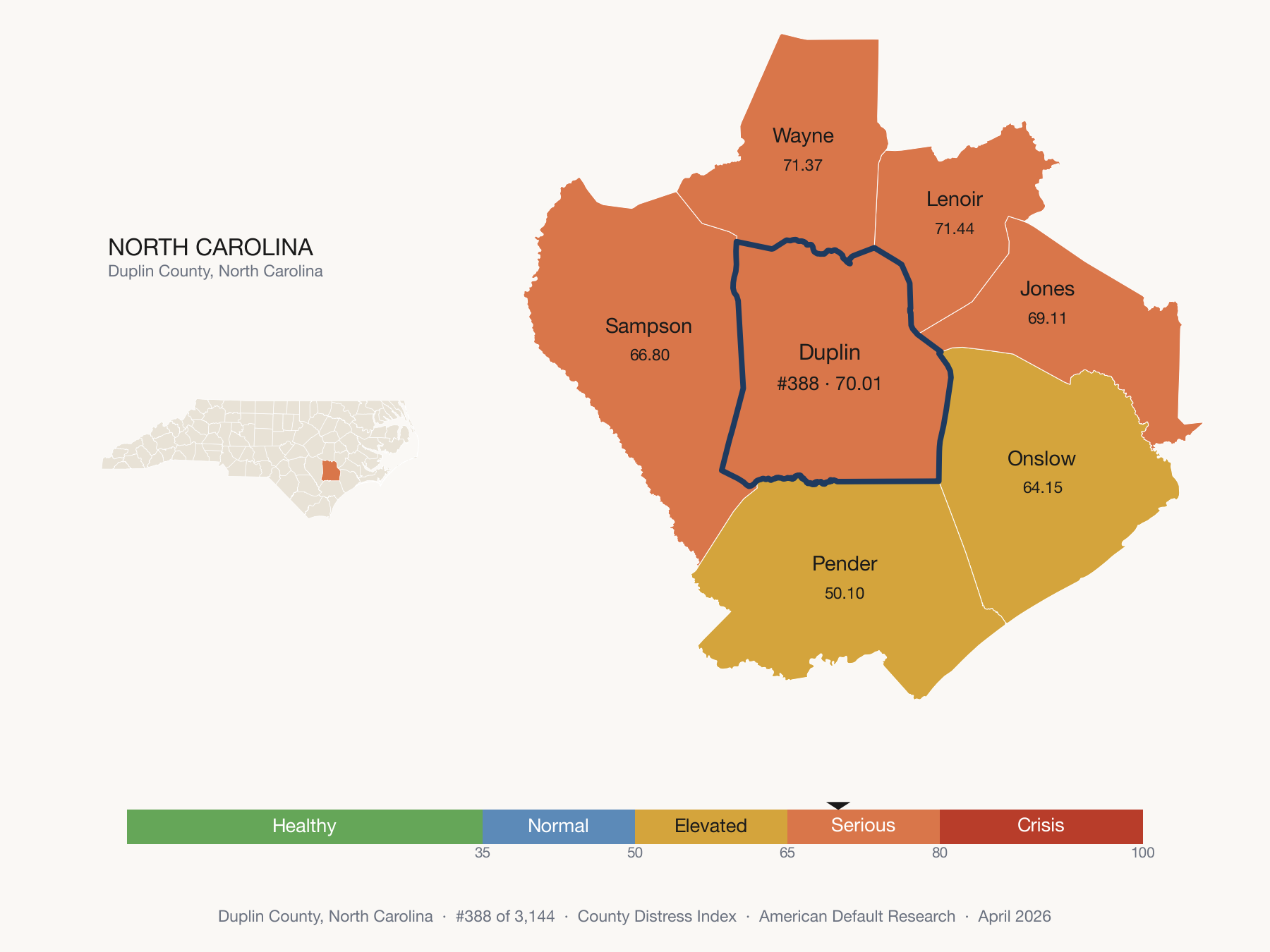 County Distress Index cluster map. Duplin County, North Carolina and its neighbors colored by distress fifth.