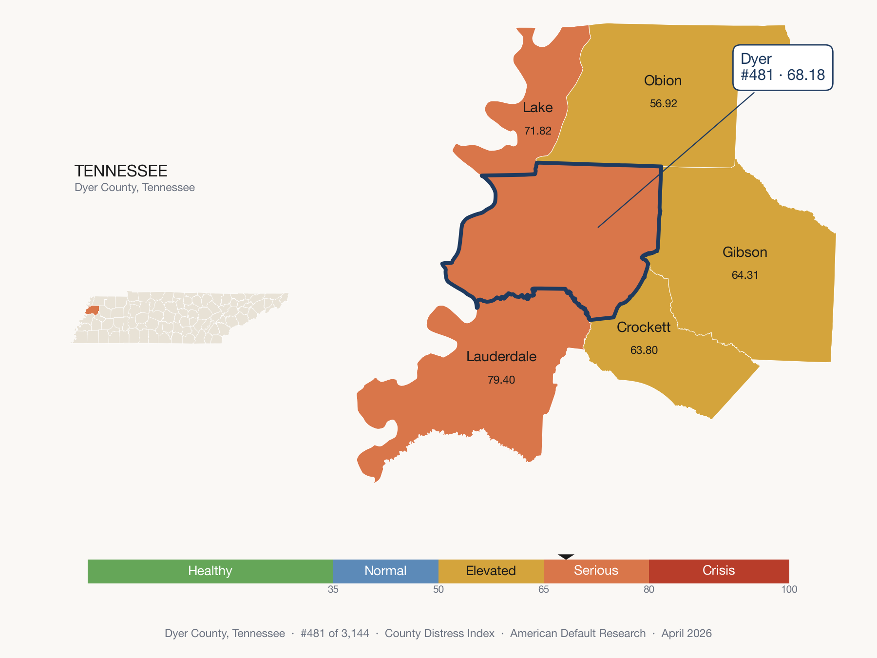 County Distress Index cluster map. Dyer County, Tennessee and its neighbors colored by distress fifth.