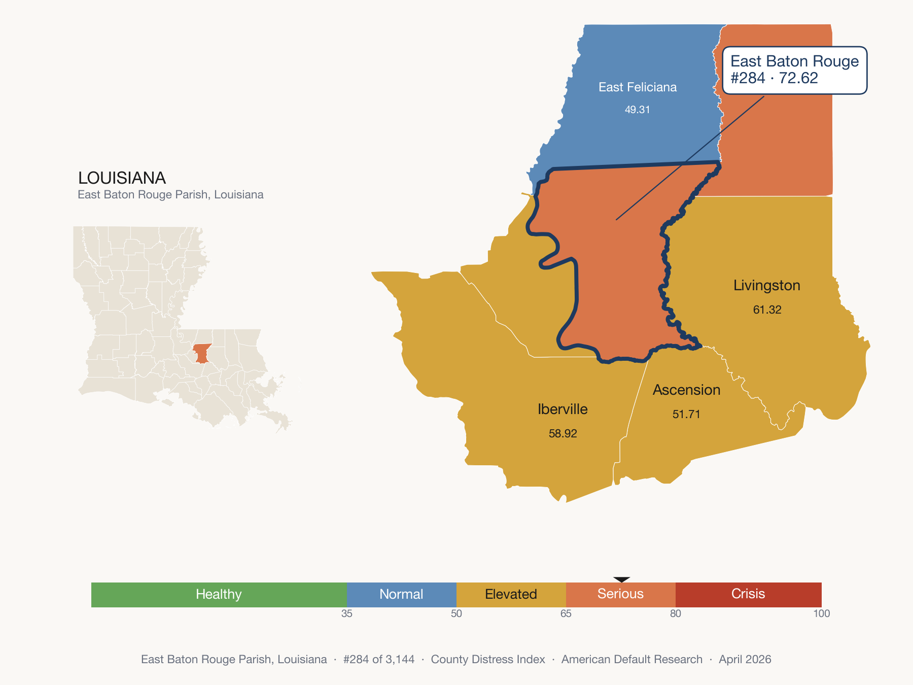 County Distress Index cluster map. East Baton Rouge Parish, Louisiana and its neighbors colored by distress fifth.