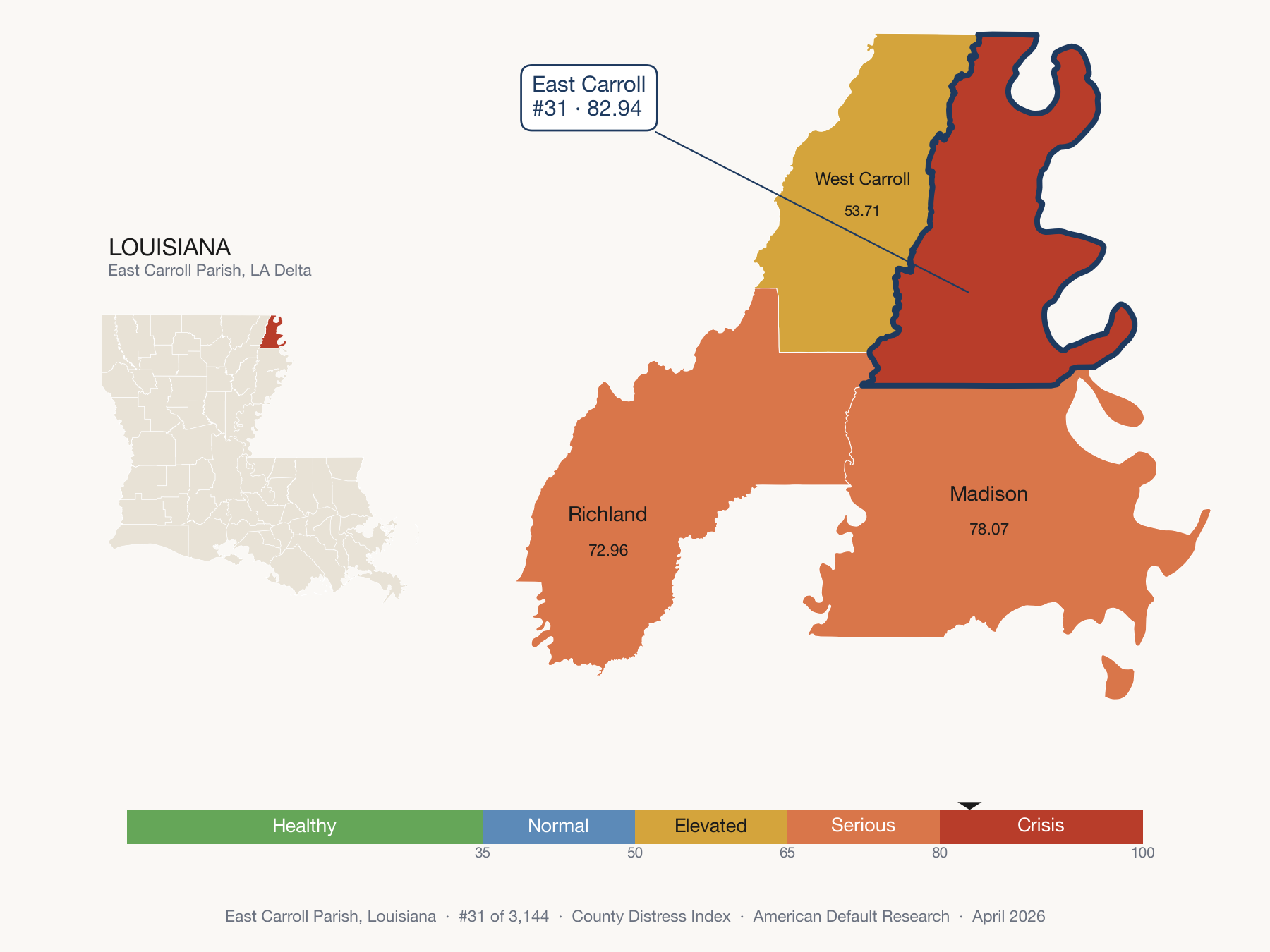 County Distress Index cluster map. East Carroll Parish, Louisiana and its neighbors colored by distress fifth.