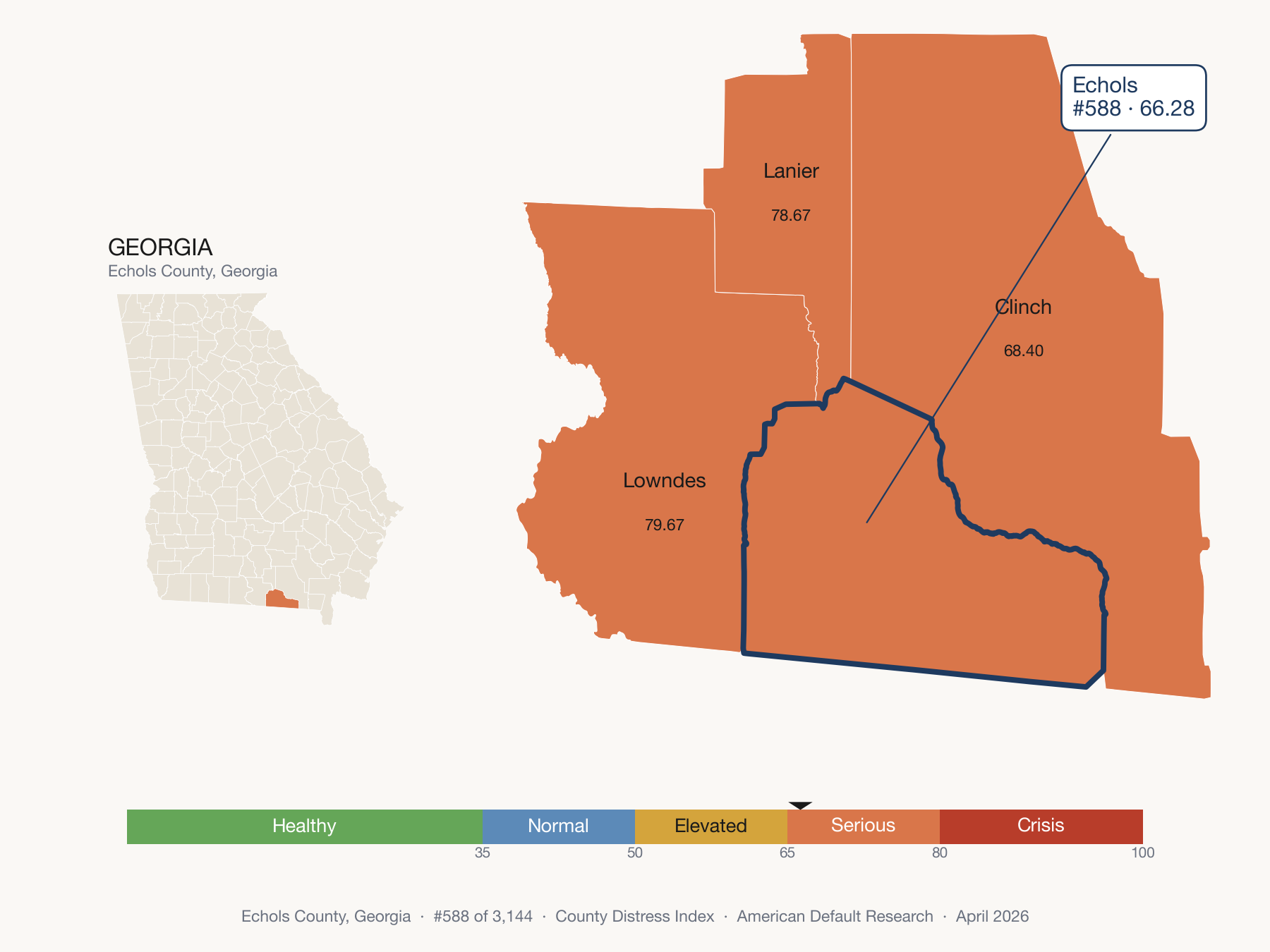 County Distress Index cluster map. Echols County, Georgia and its neighbors colored by distress fifth.
