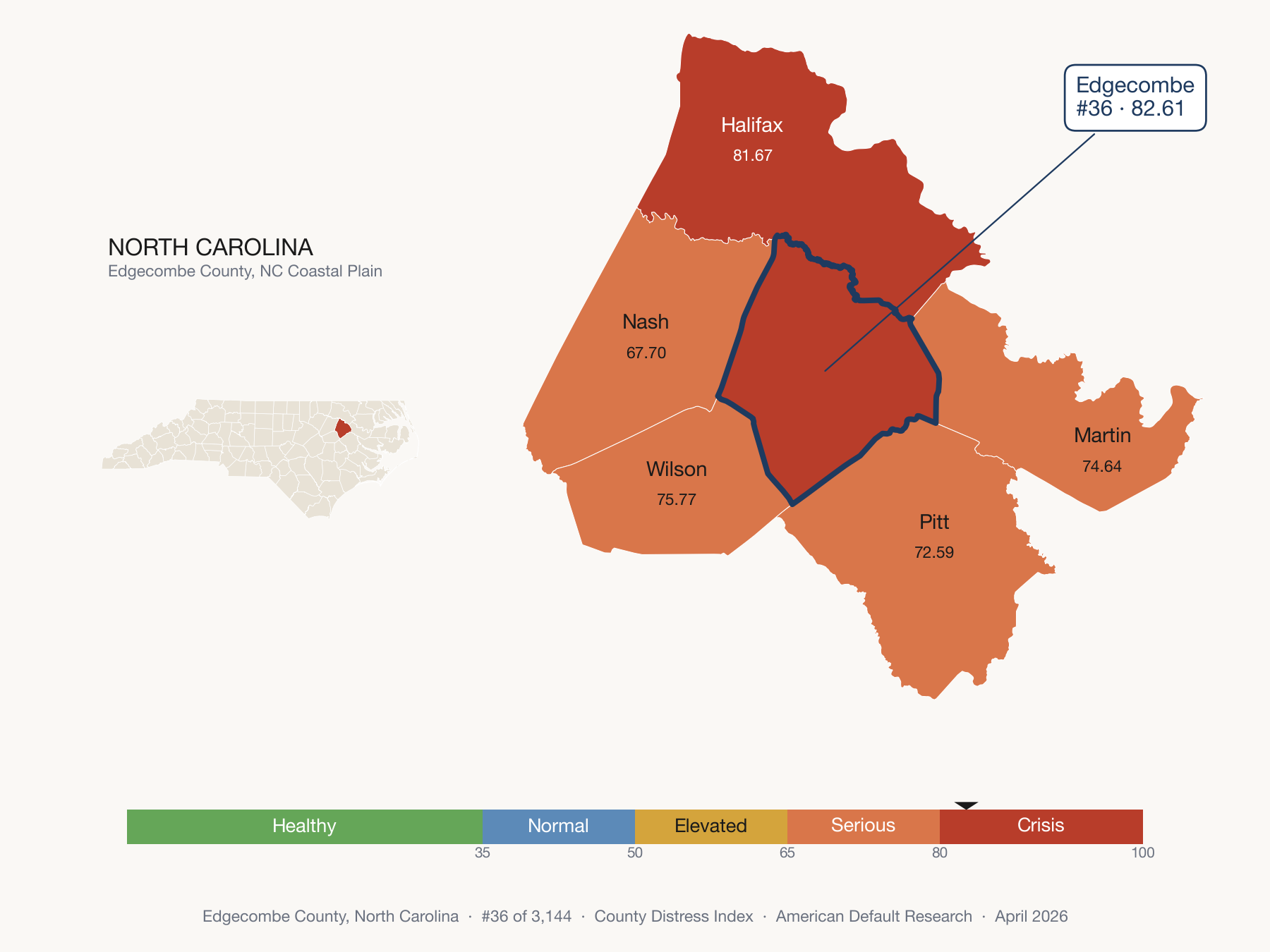 County Distress Index cluster map. Edgecombe County, North Carolina and its neighbors colored by distress fifth.