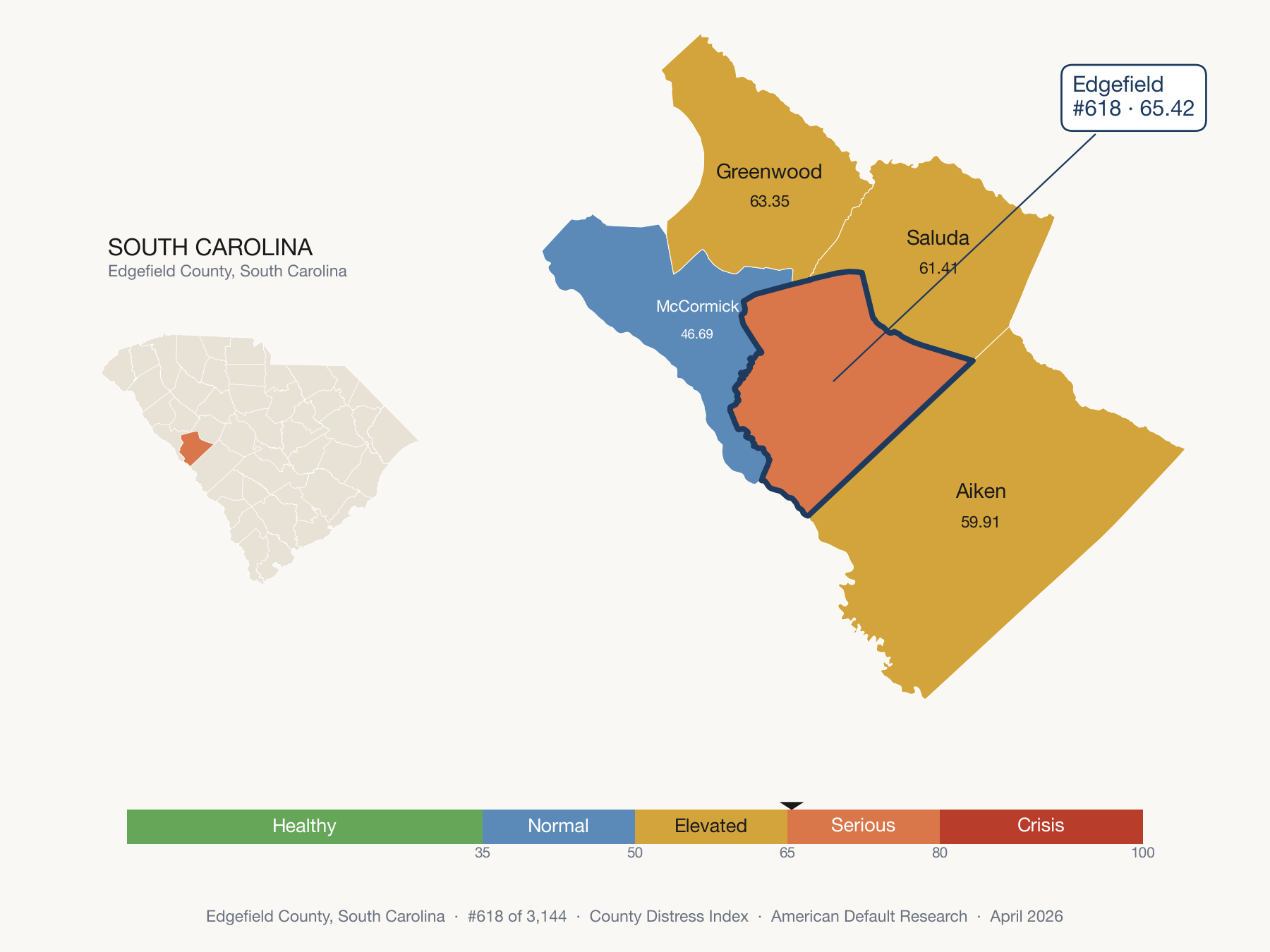 County Distress Index cluster map. Edgefield County, South Carolina and its neighbors colored by distress fifth.