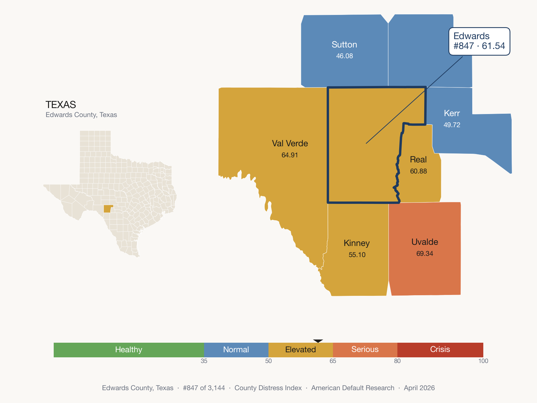 County Distress Index cluster map. Edwards County, Texas and its neighbors colored by distress fifth.